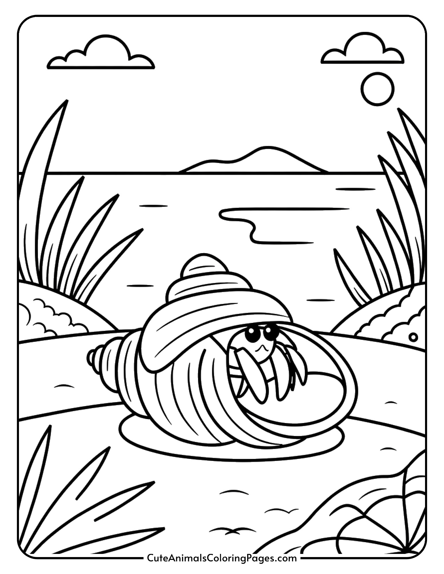 A hermit crab with its claws and eyes visible while living inside a spiral shell.