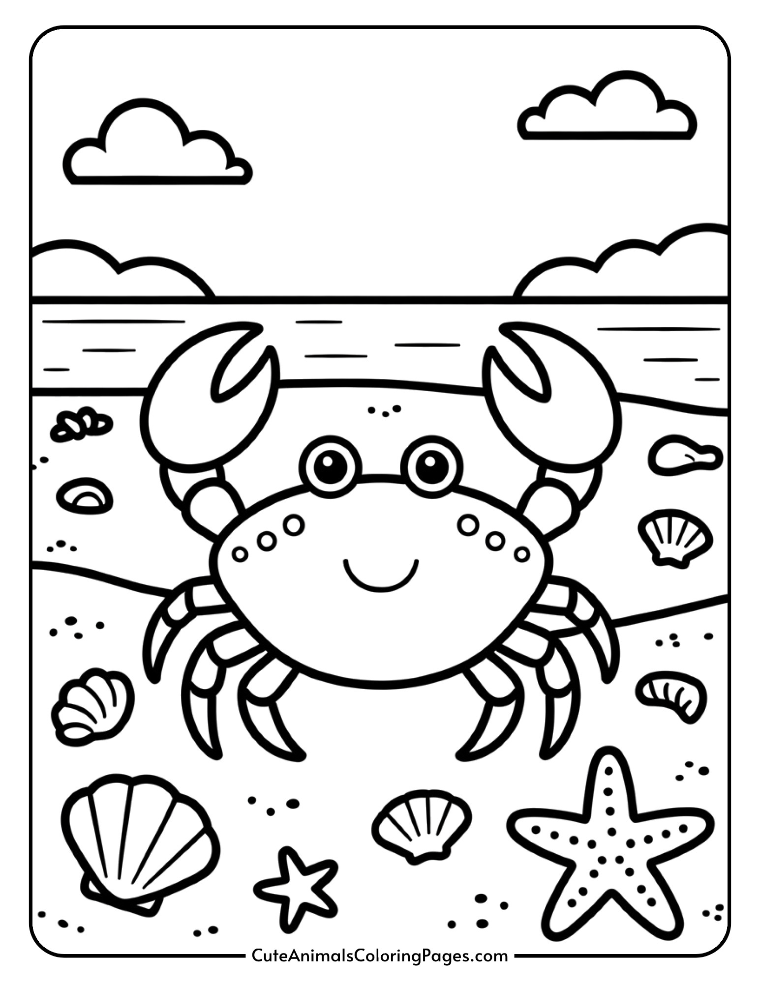 A crab sitting on a beach surrounded by seashells and a starfish.