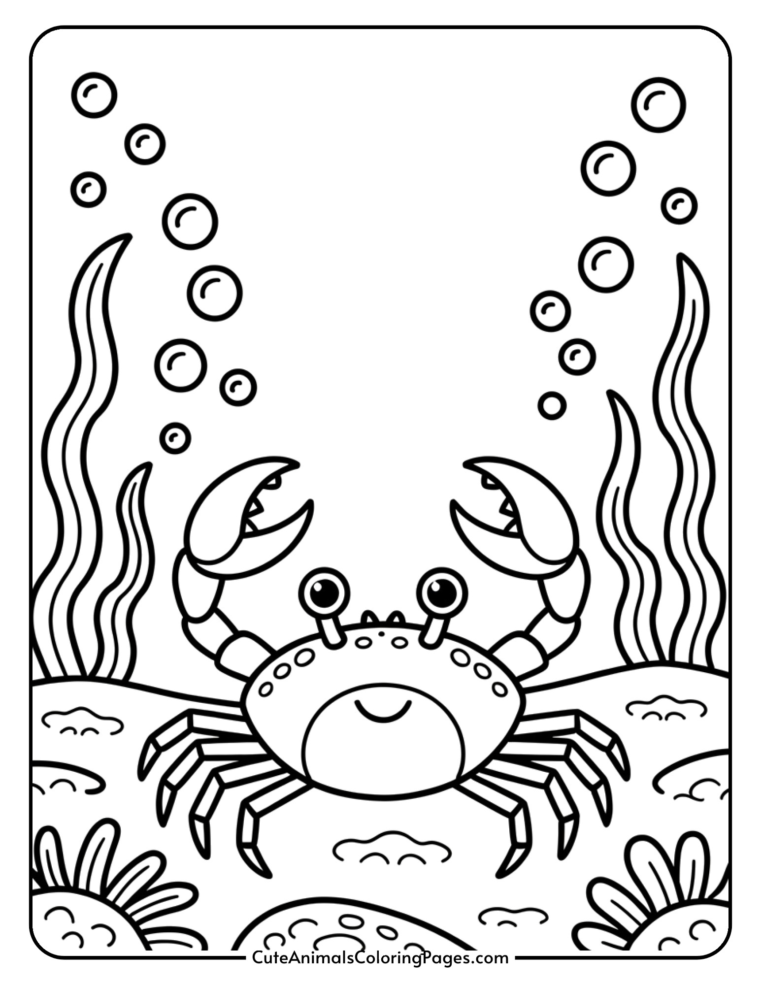A crab walking on the ocean floor with seaweed plants and bubbles rising above.