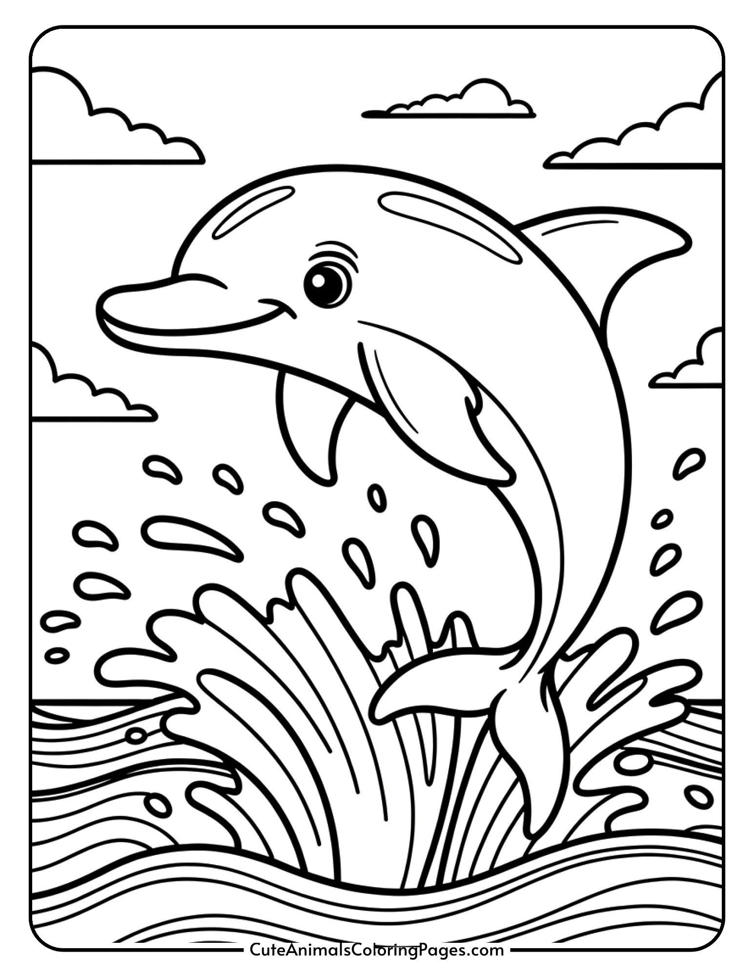 A smiling dolphin jumping joyfully above ocean waves with splashing water droplets.