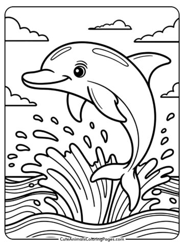 A smiling dolphin jumping joyfully above ocean waves with splashing water droplets.