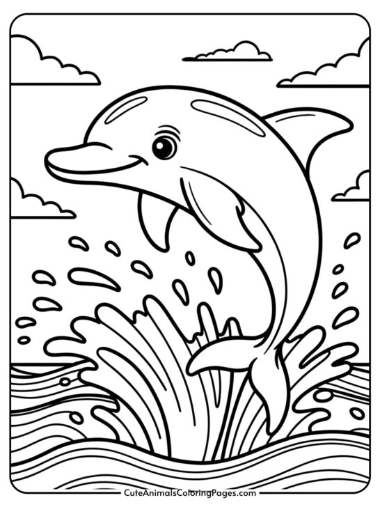 A smiling dolphin jumping joyfully above ocean waves with splashing water droplets.