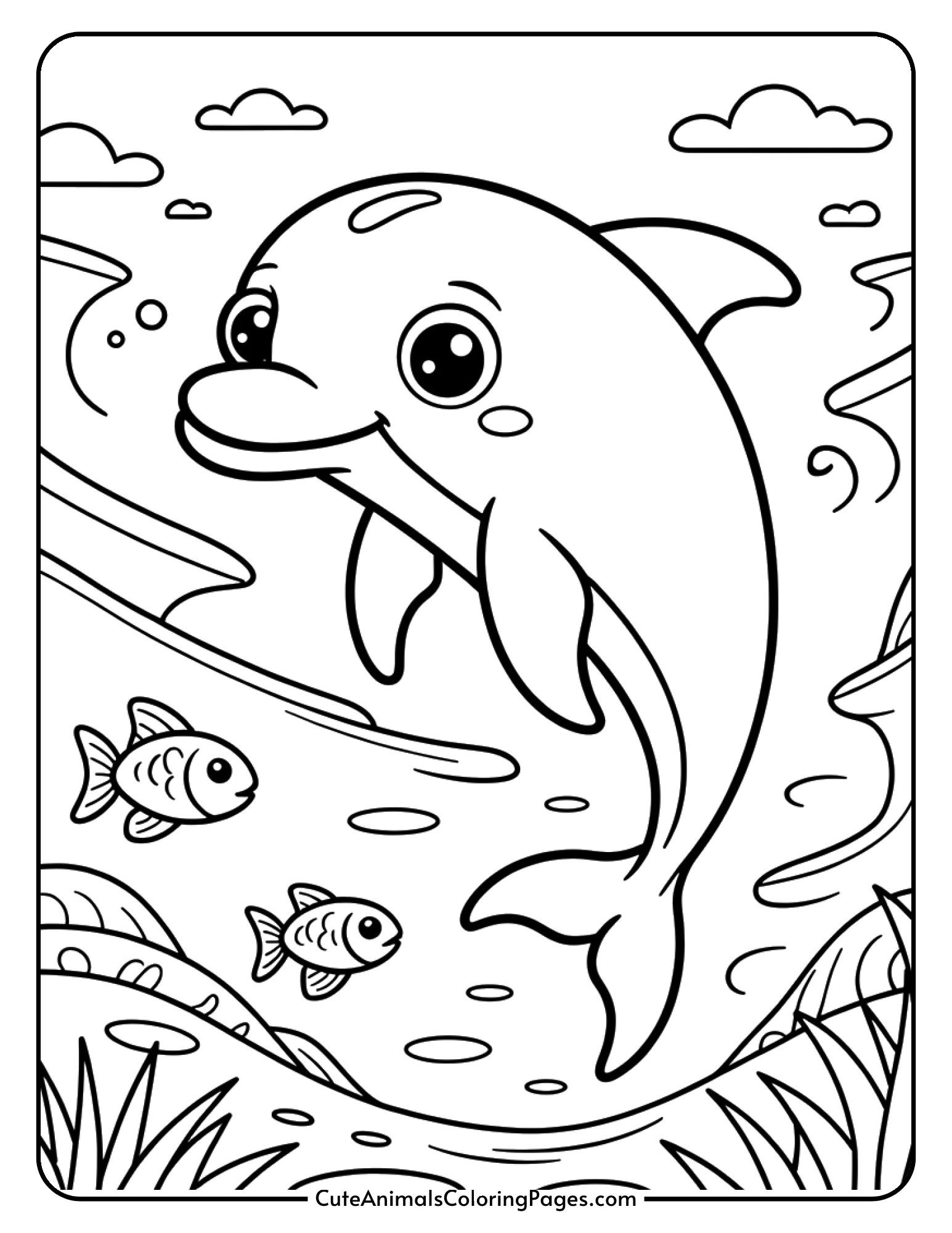 A sweet baby dolphin with large friendly eyes swimming alongside tiny fish.