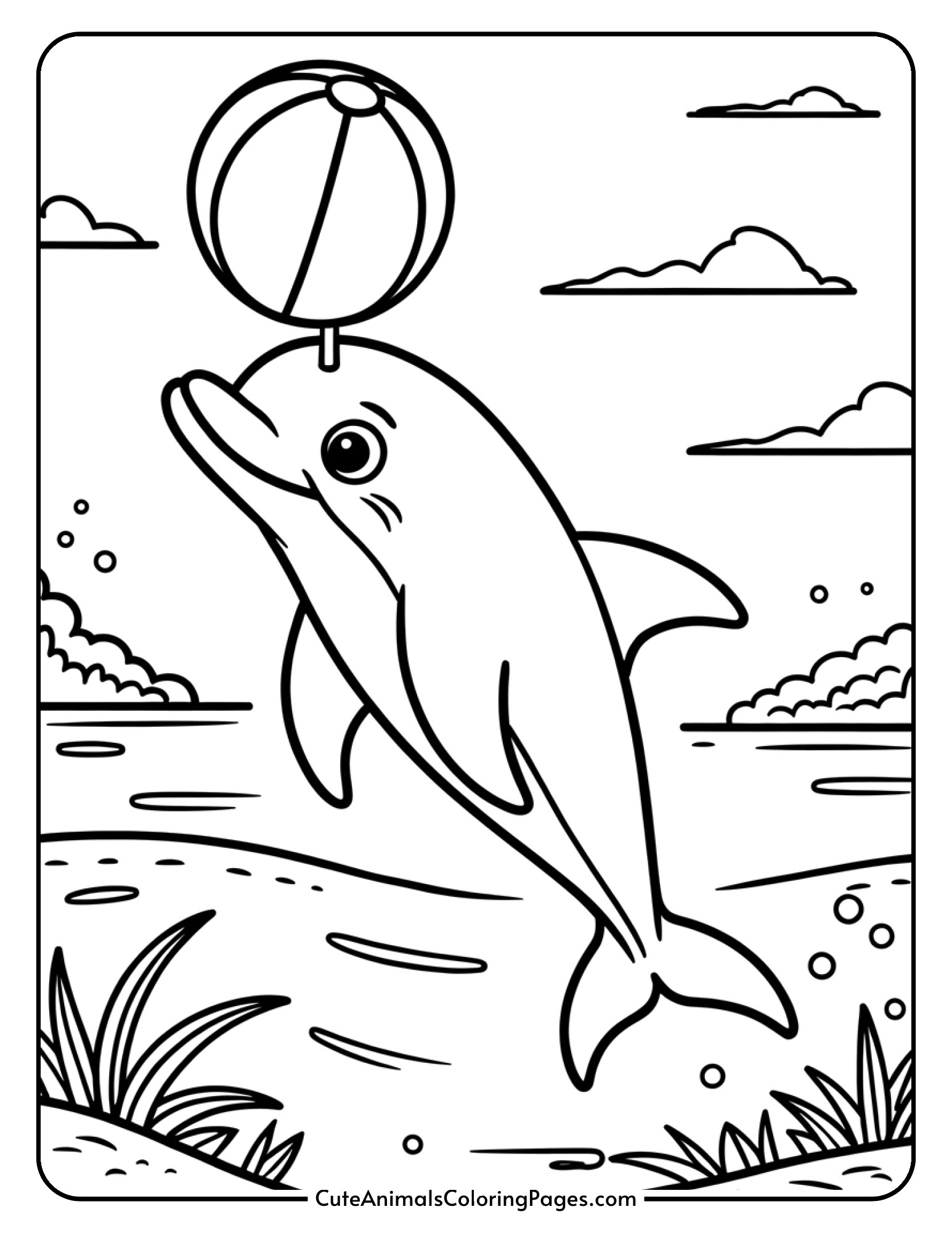 A dolphin balancing a striped beach ball on its nose while gliding through water.