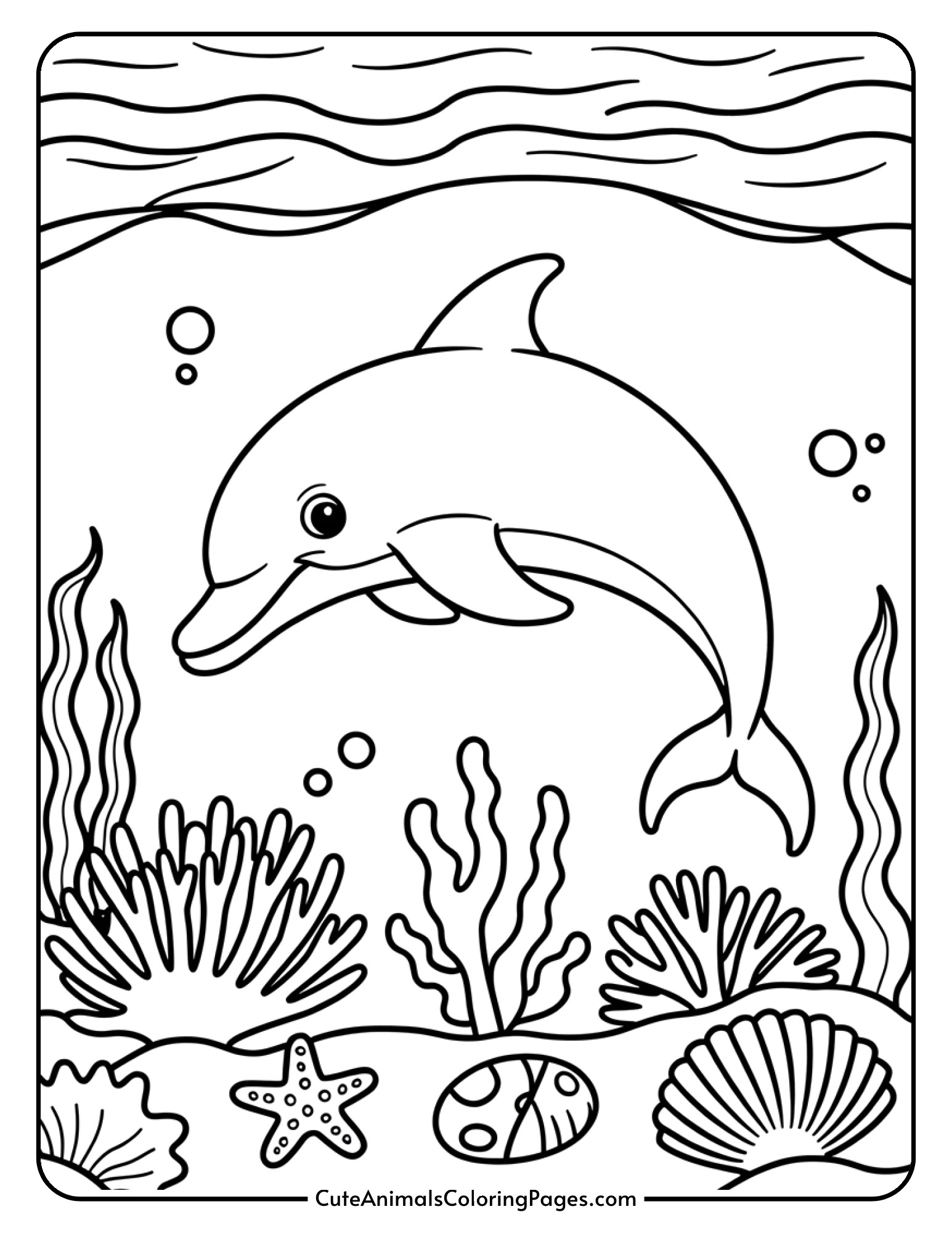A dolphin gliding through a coral reef scene with seaweed and a starfish on the ocean floor.