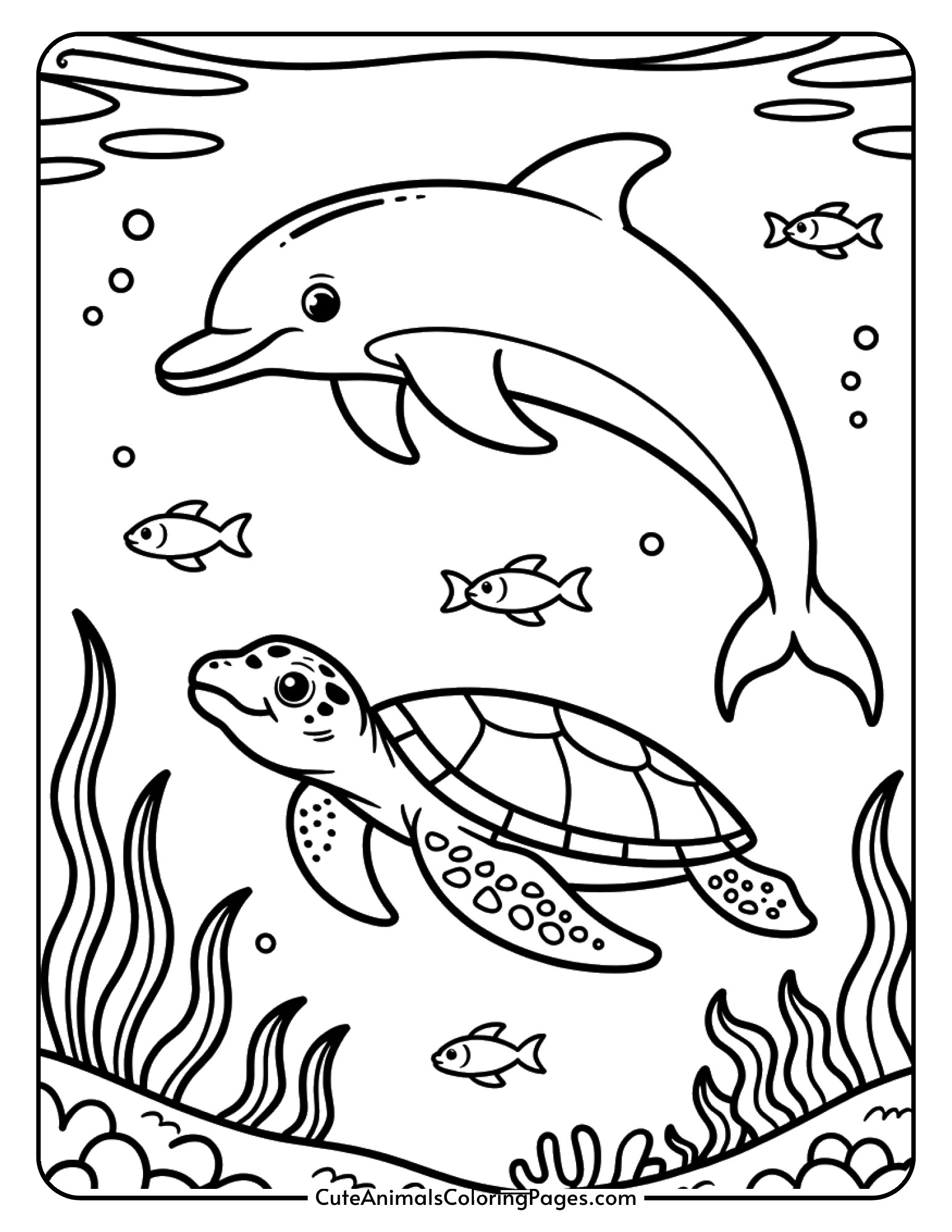 A dolphin and sea turtle swimming together as friends with small fish in the background.