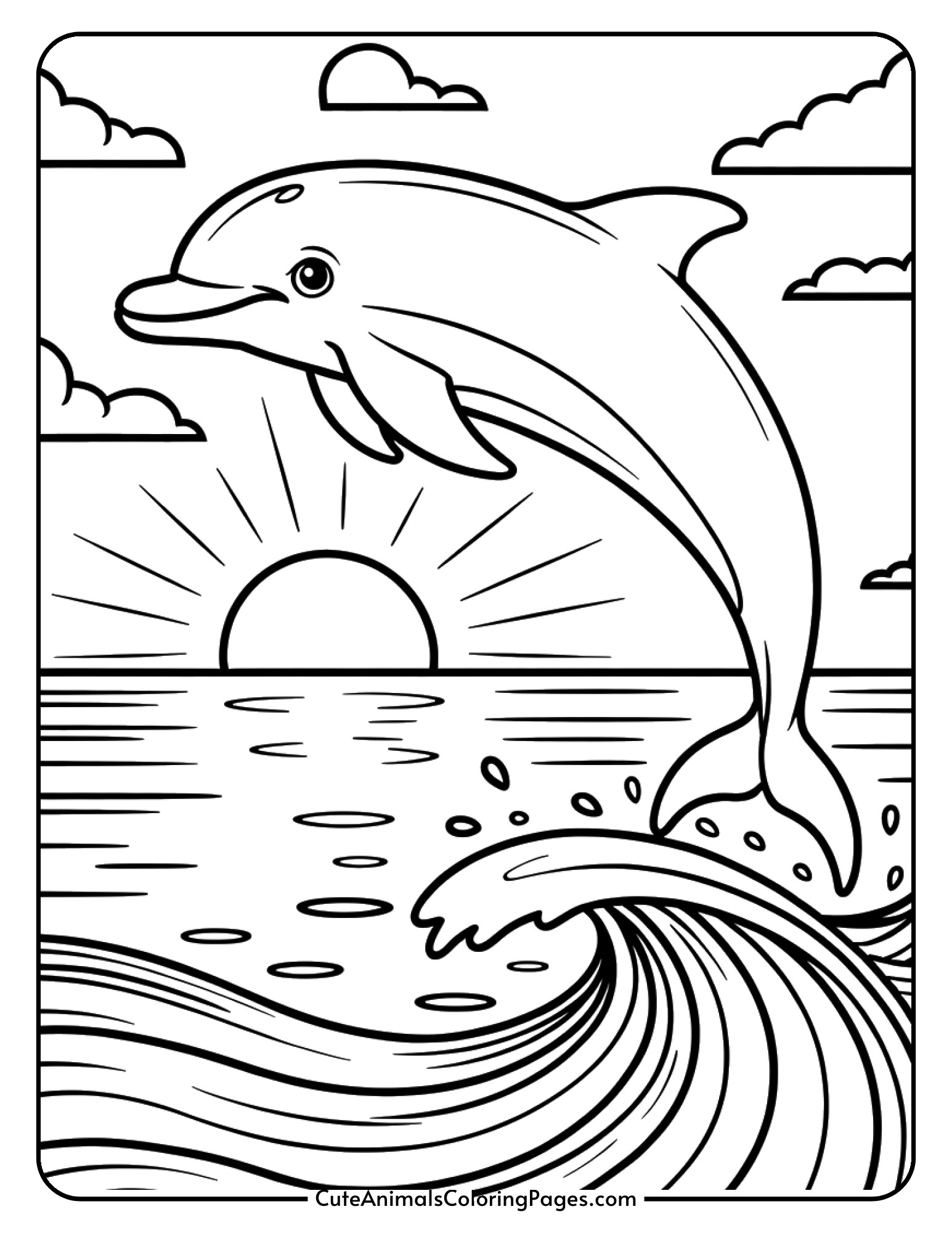 A dolphin leaping through the air during sunset with the sun setting over ocean waves in the background.