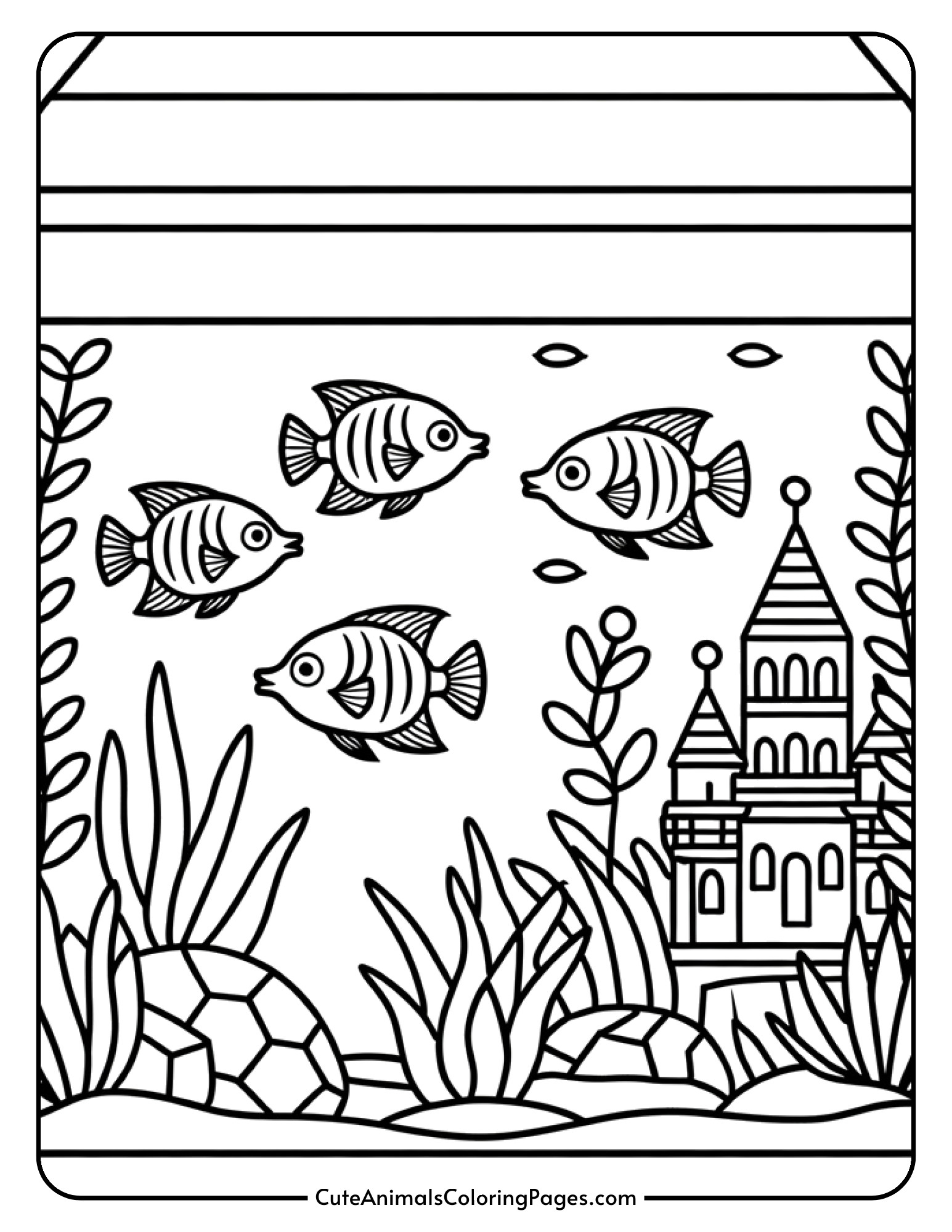 A fish tank filled with tropical fish swimming among aquatic plants and a small castle decoration.