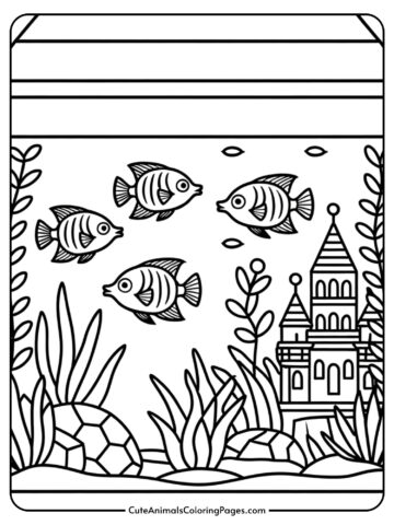 A fish tank filled with tropical fish swimming among aquatic plants and a small castle decoration.
