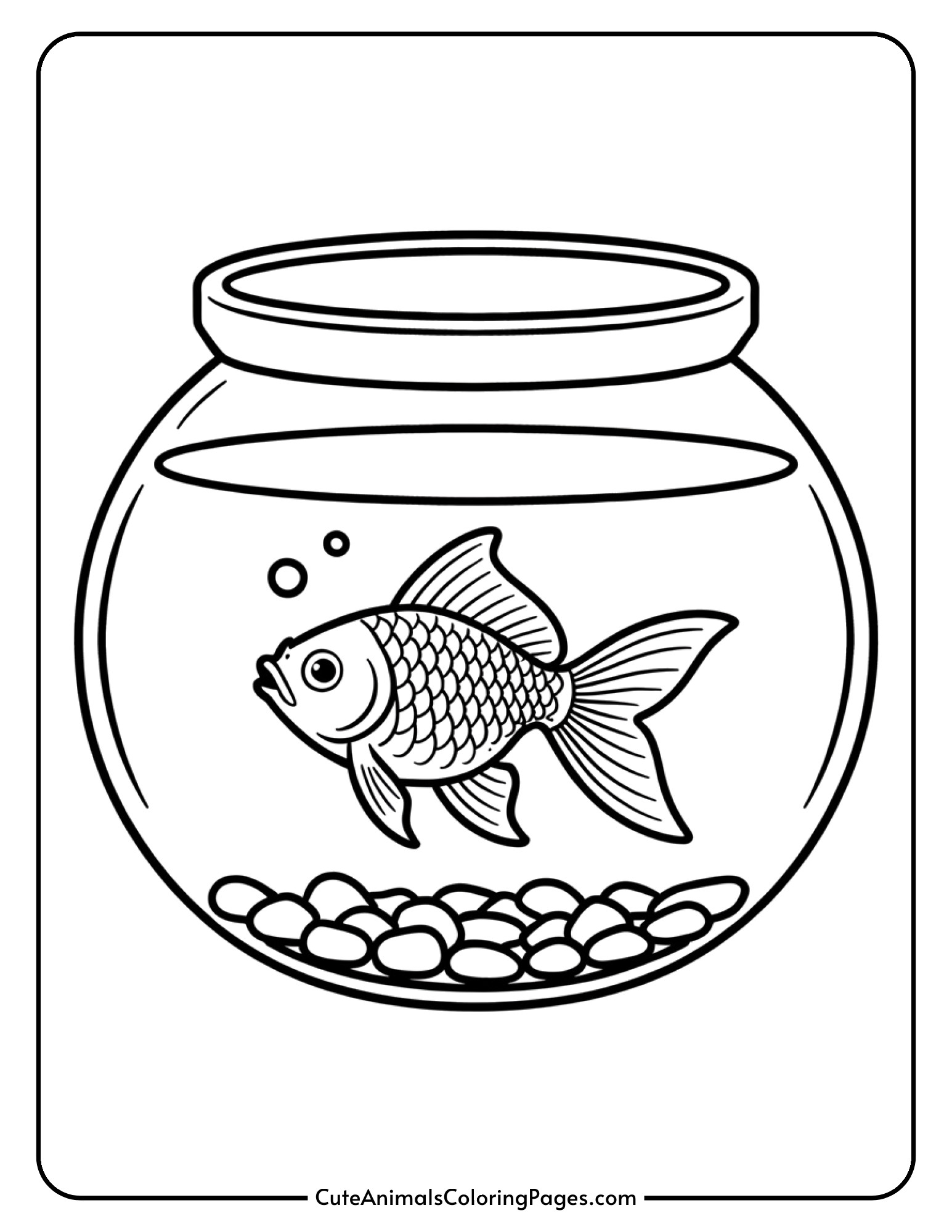A simple round fishbowl containing one goldfish swimming above colorful pebbles.