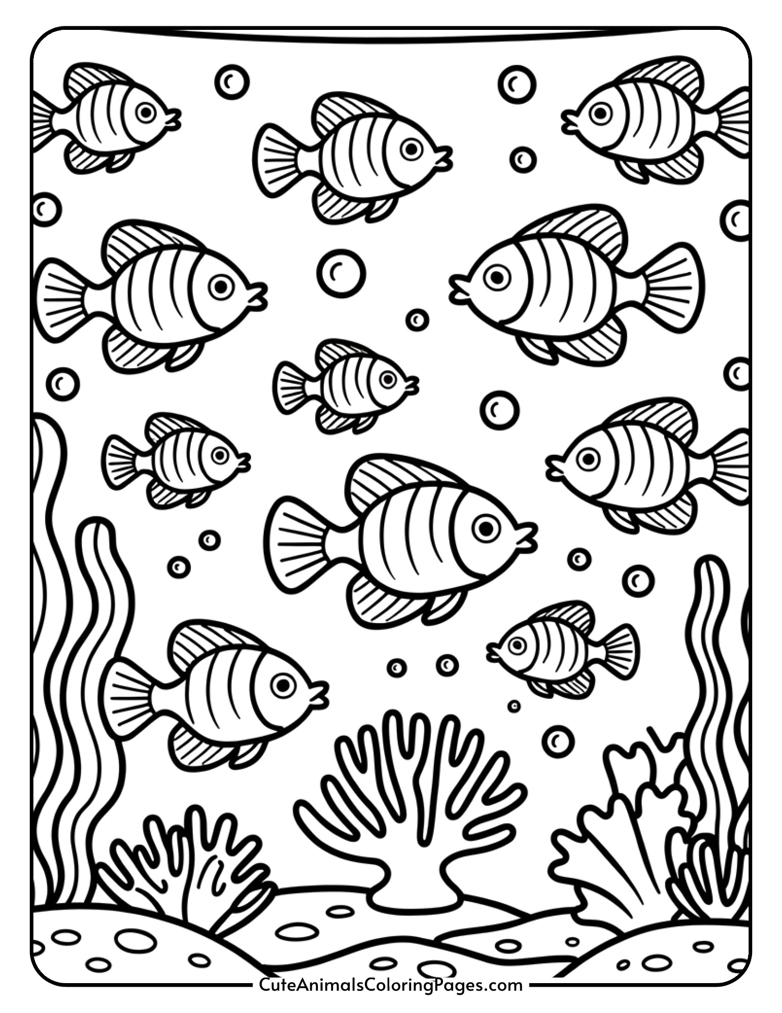 A detailed aquarium scene with various fish species swimming among coral, seaweed, and floating bubbles.