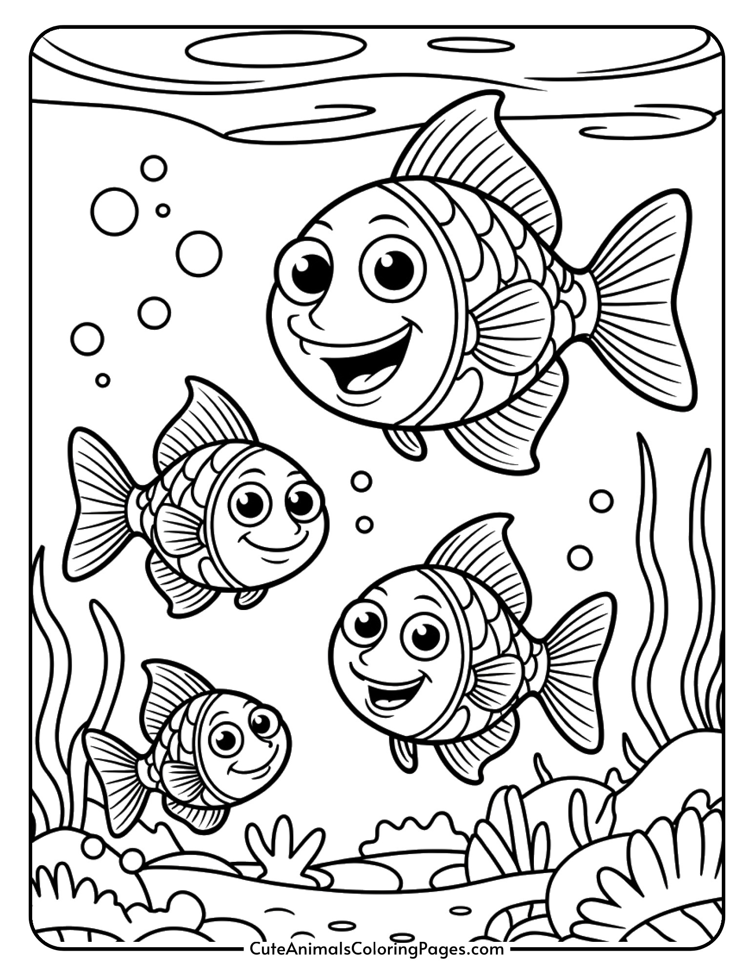 A fish tank featuring adorable cartoon fish with large eyes and happy smiles swimming together.