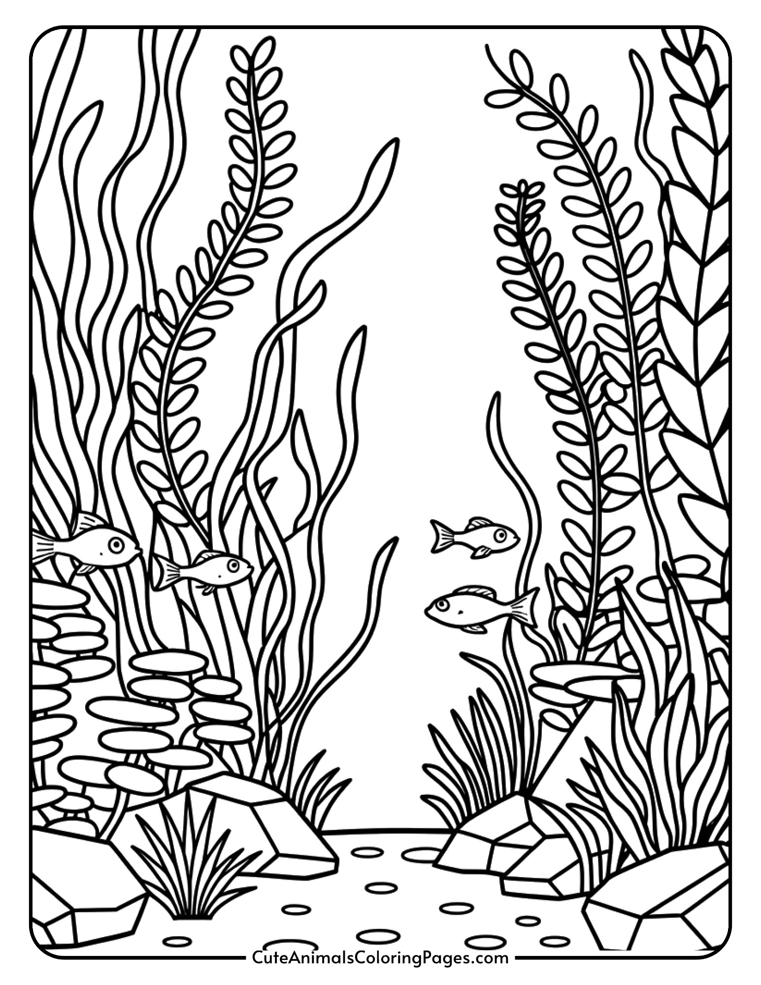 A fish tank with lush aquatic plants, smooth rocks, and small fish peeking out from the greenery.