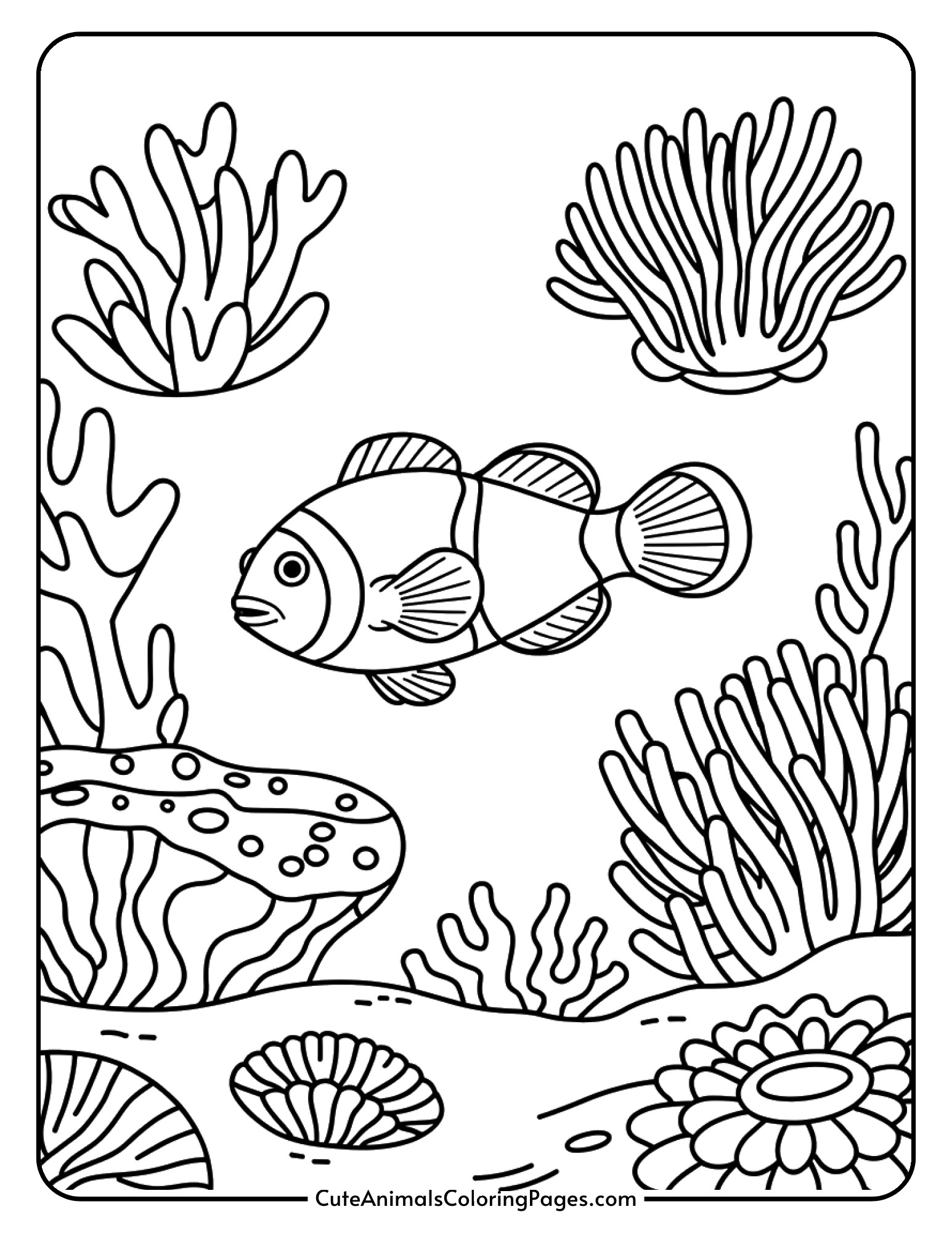 A saltwater fish tank with clownfish, sea anemones, and coral creating an ocean reef environment.