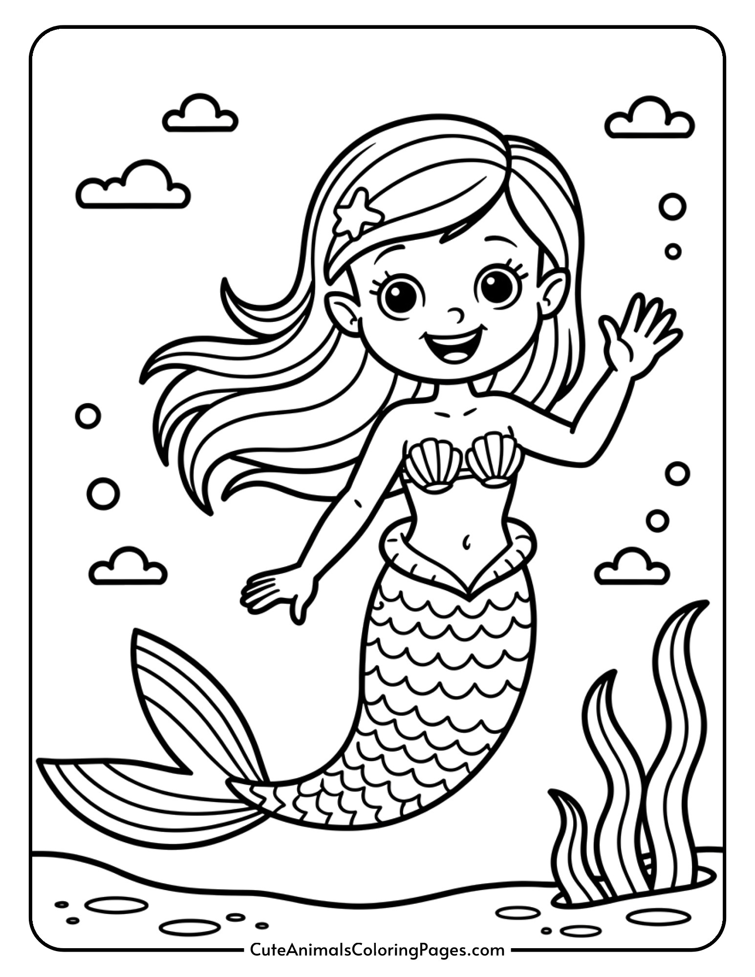 A cheerful mermaid with long wavy hair and a scaled tail waves hello to young colorers.