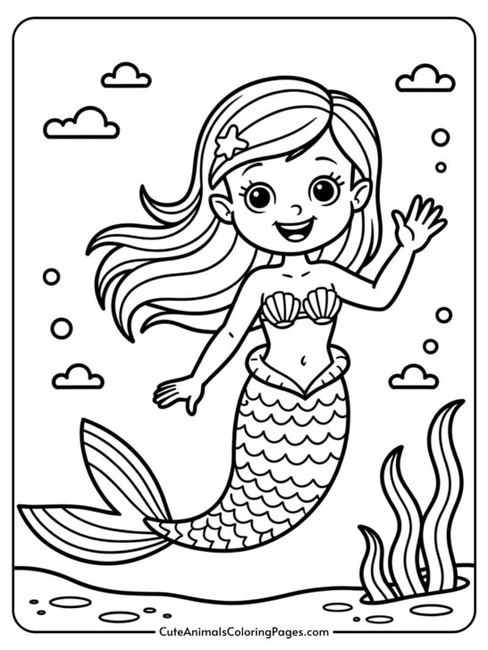 A cheerful mermaid with long wavy hair and a scaled tail waves hello to young colorers.