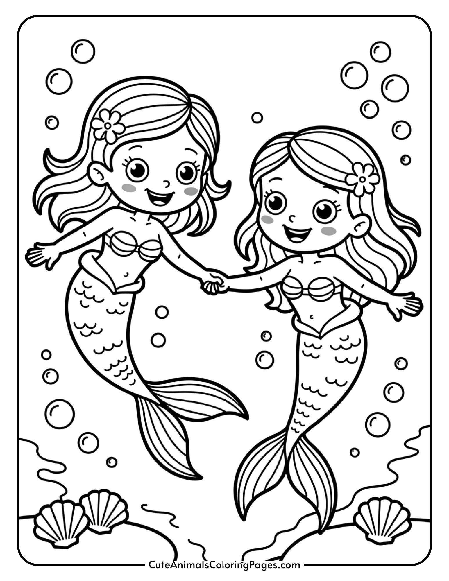 Two mermaid sisters hold hands while swimming together, surrounded by bubbles and small seashells.