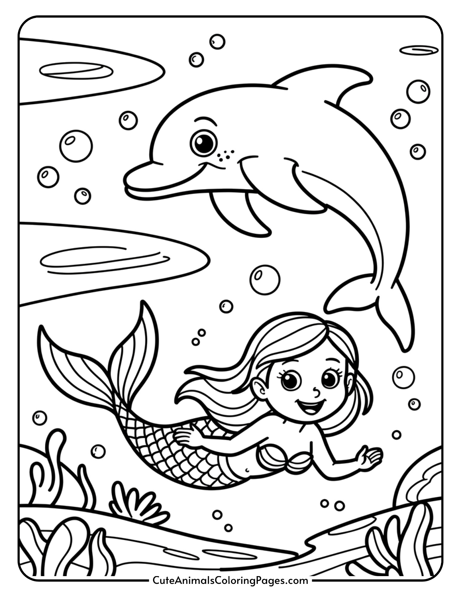 A mermaid swims next to a friendly dolphin surrounded by bubbles in this underwater scene.