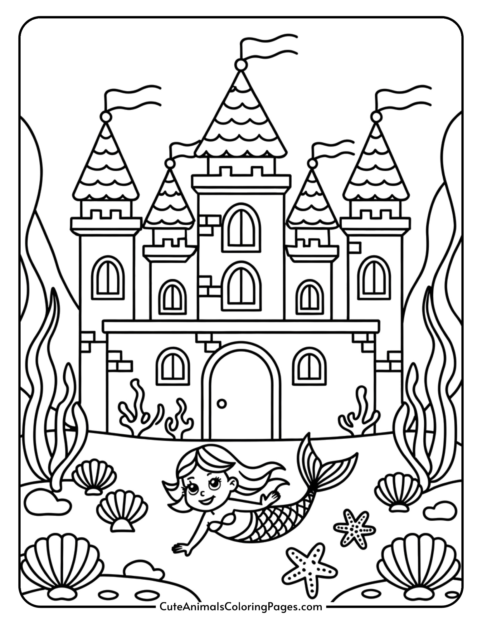 An elaborate underwater castle with a mermaid swimming nearby and starfish adorning the towers.