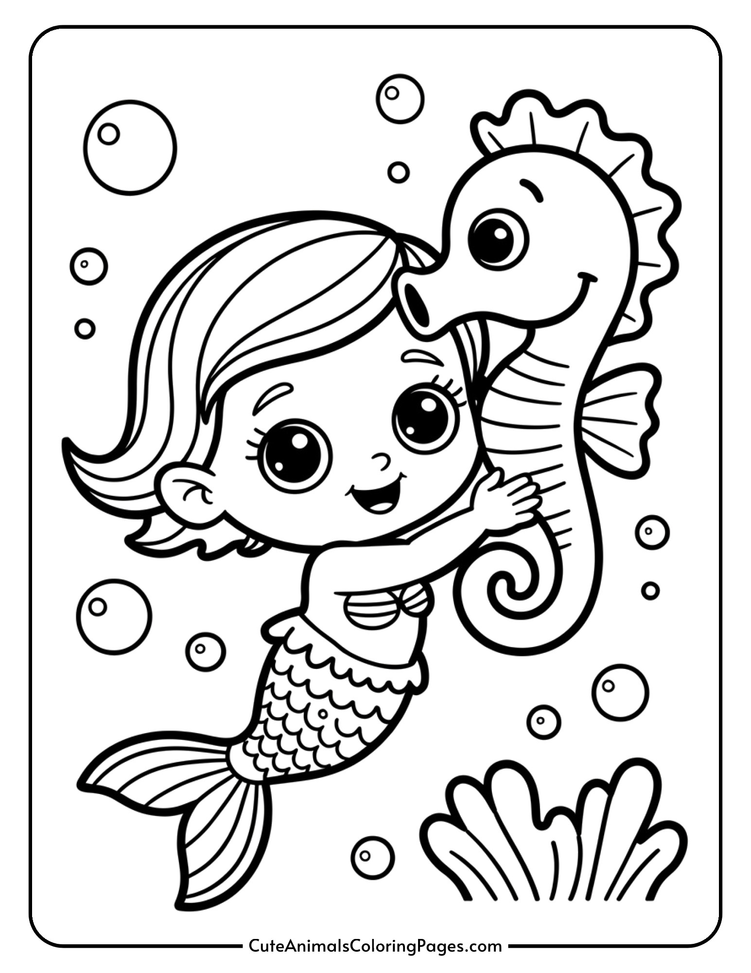 An adorable baby mermaid holds onto a friendly seahorse with bubbles floating around them.