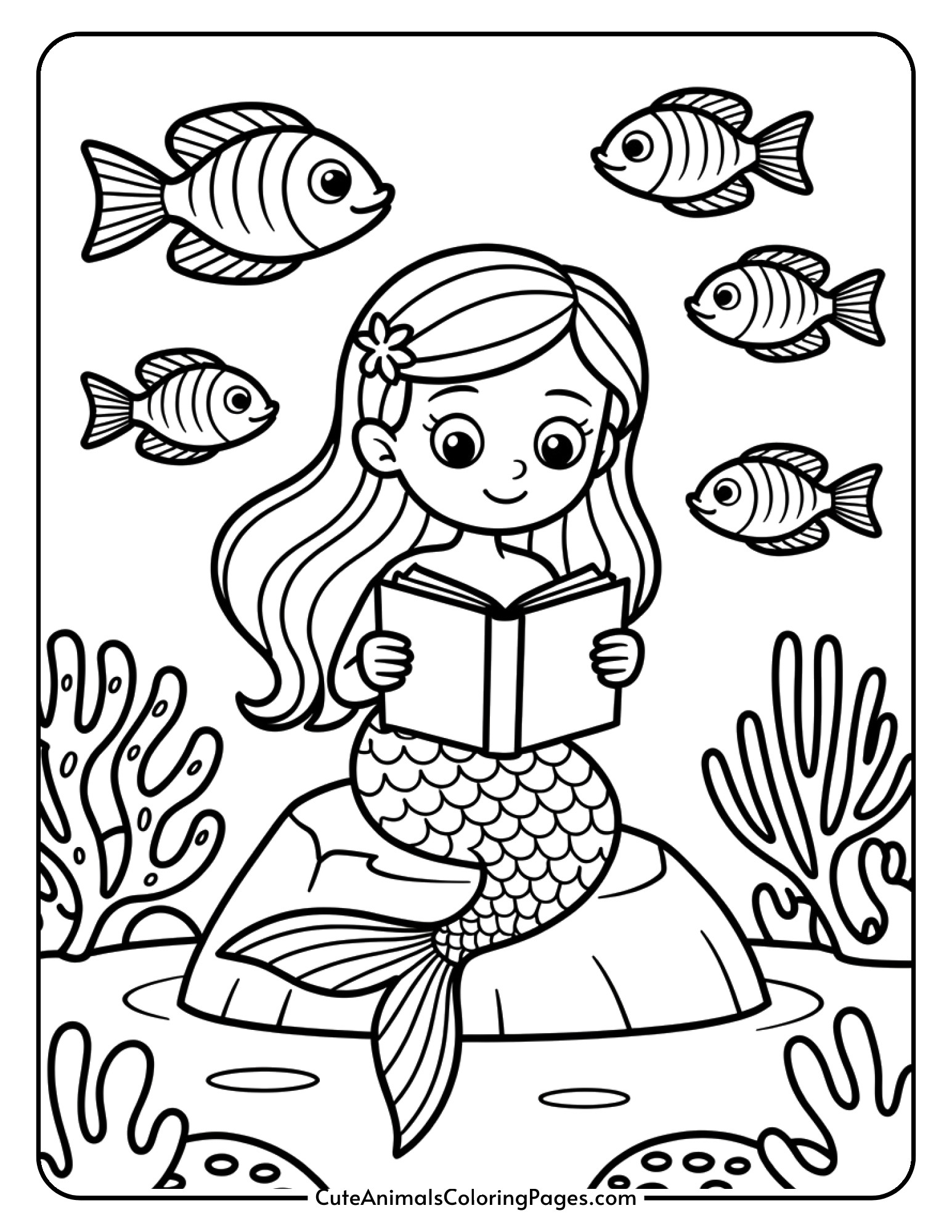 A mermaid sits on a rock reading a book while fish swim past and coral grows in the background.