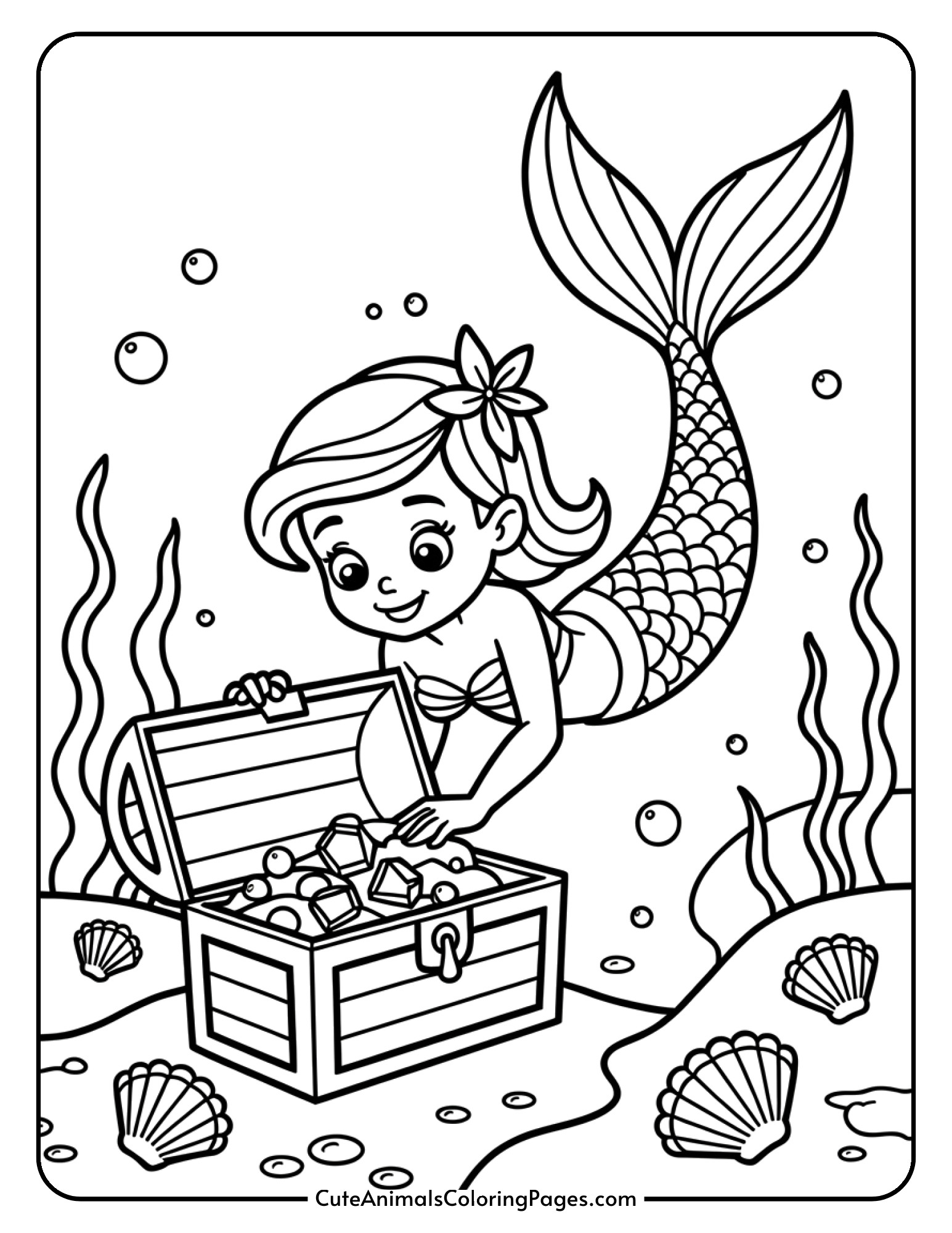 A mermaid finds an open treasure chest full of jewels and pearls on the sandy ocean floor.