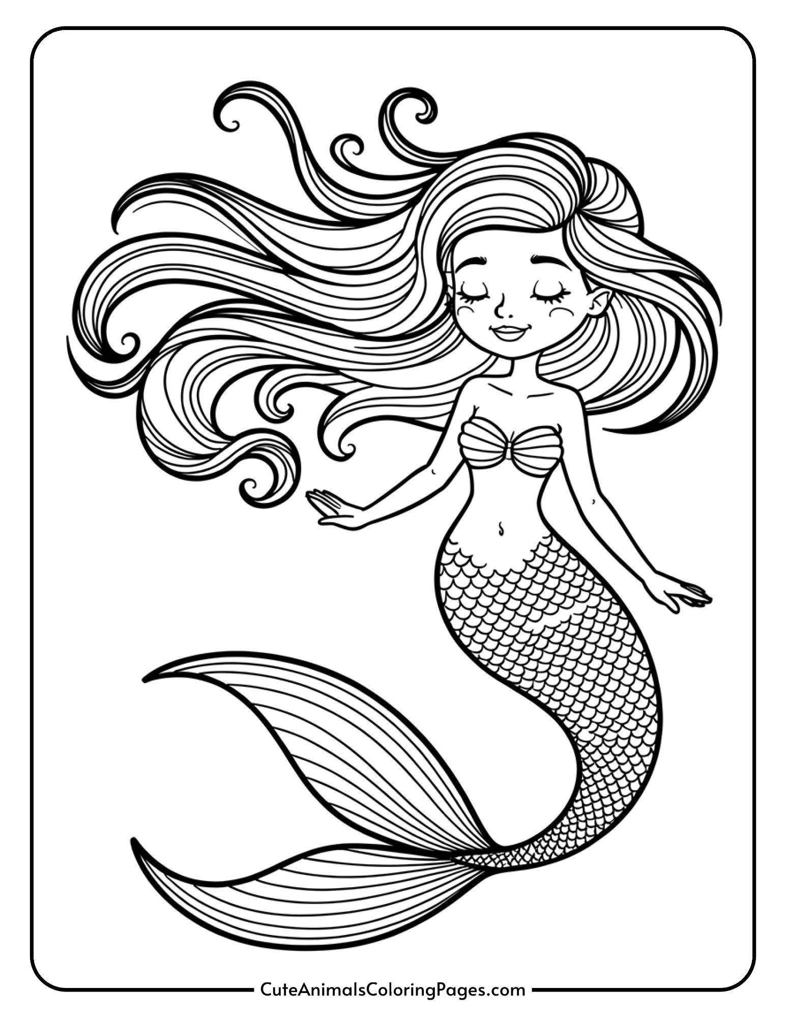 A serene mermaid with extremely long flowing hair that swirls around her body and detailed scales on her tail.