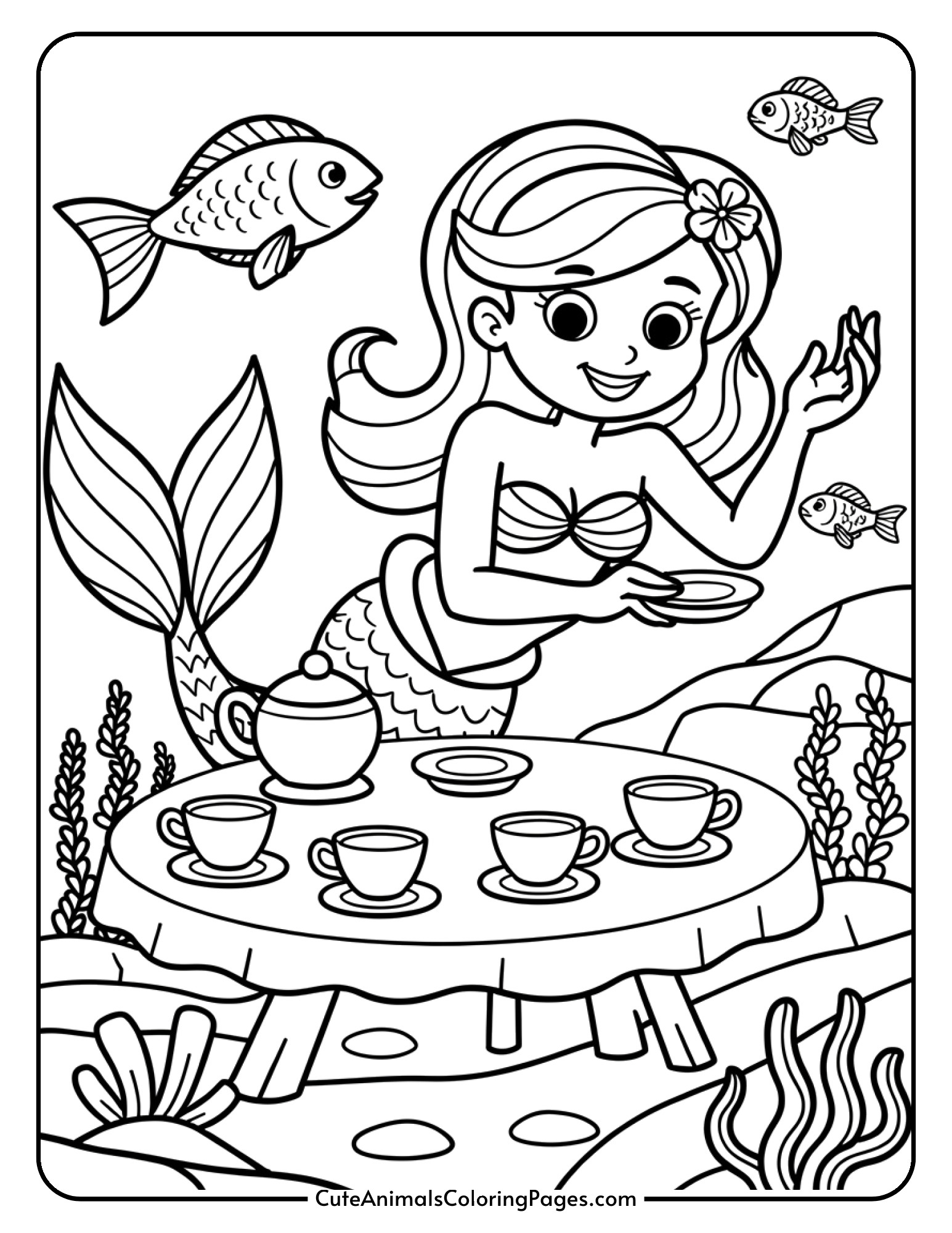 A mermaid hosts an underwater tea party with teacups and a teapot while fish join as tiny guests.