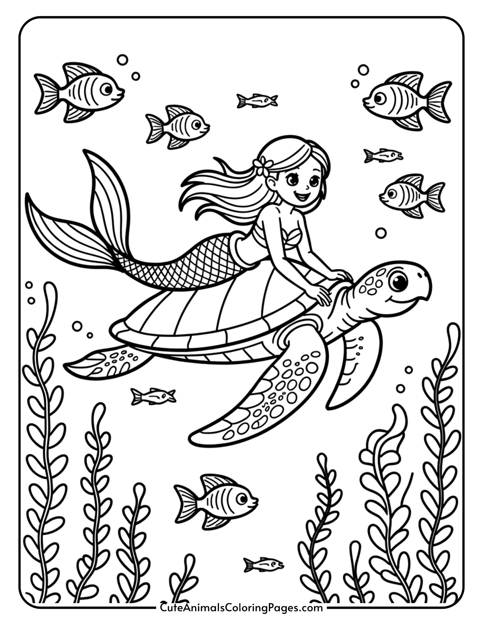 A mermaid rides on a large sea turtle's back as they swim through kelp with fish swimming nearby.