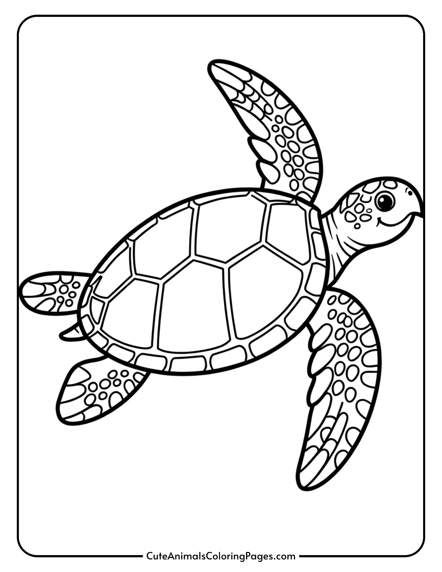 A cheerful sea turtle with a patterned shell swimming through the ocean.