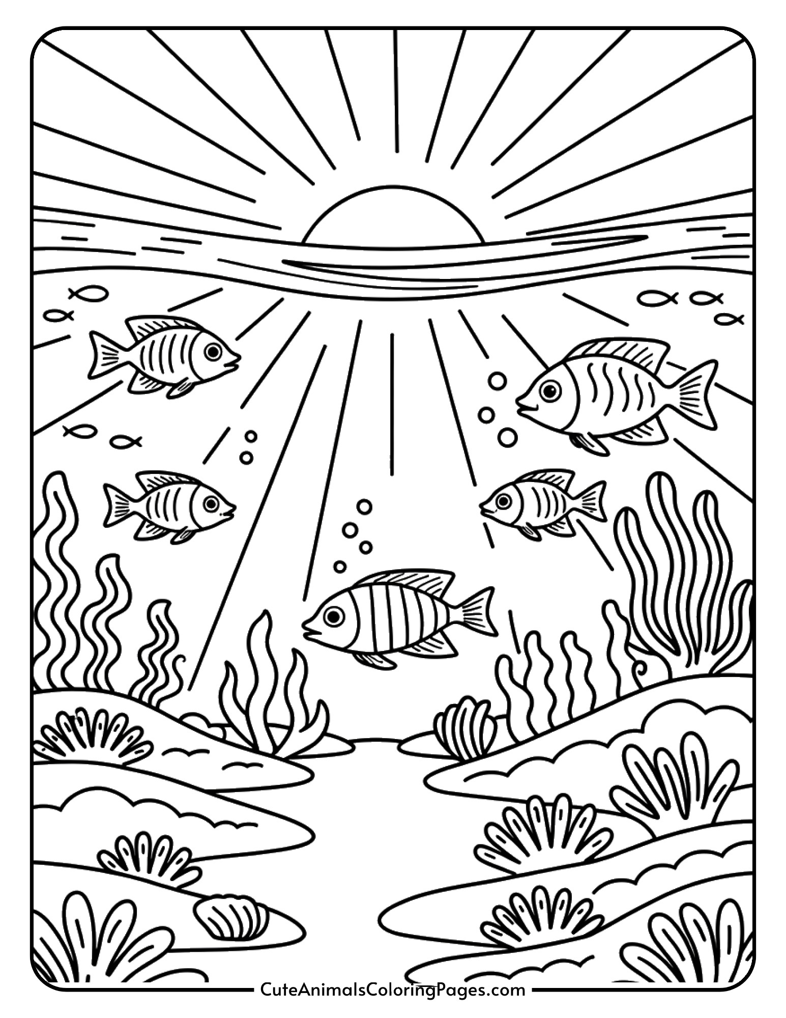 A full underwater scene showing sunlight streaming down through the water with fish and sea plants.