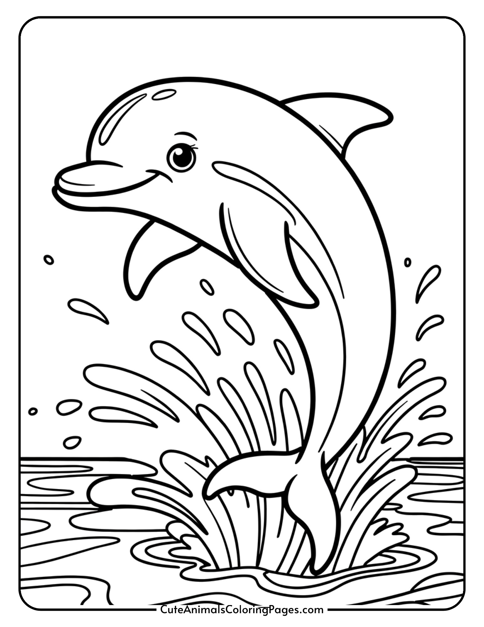 A happy dolphin leaping above ocean waves with water splashing around it.