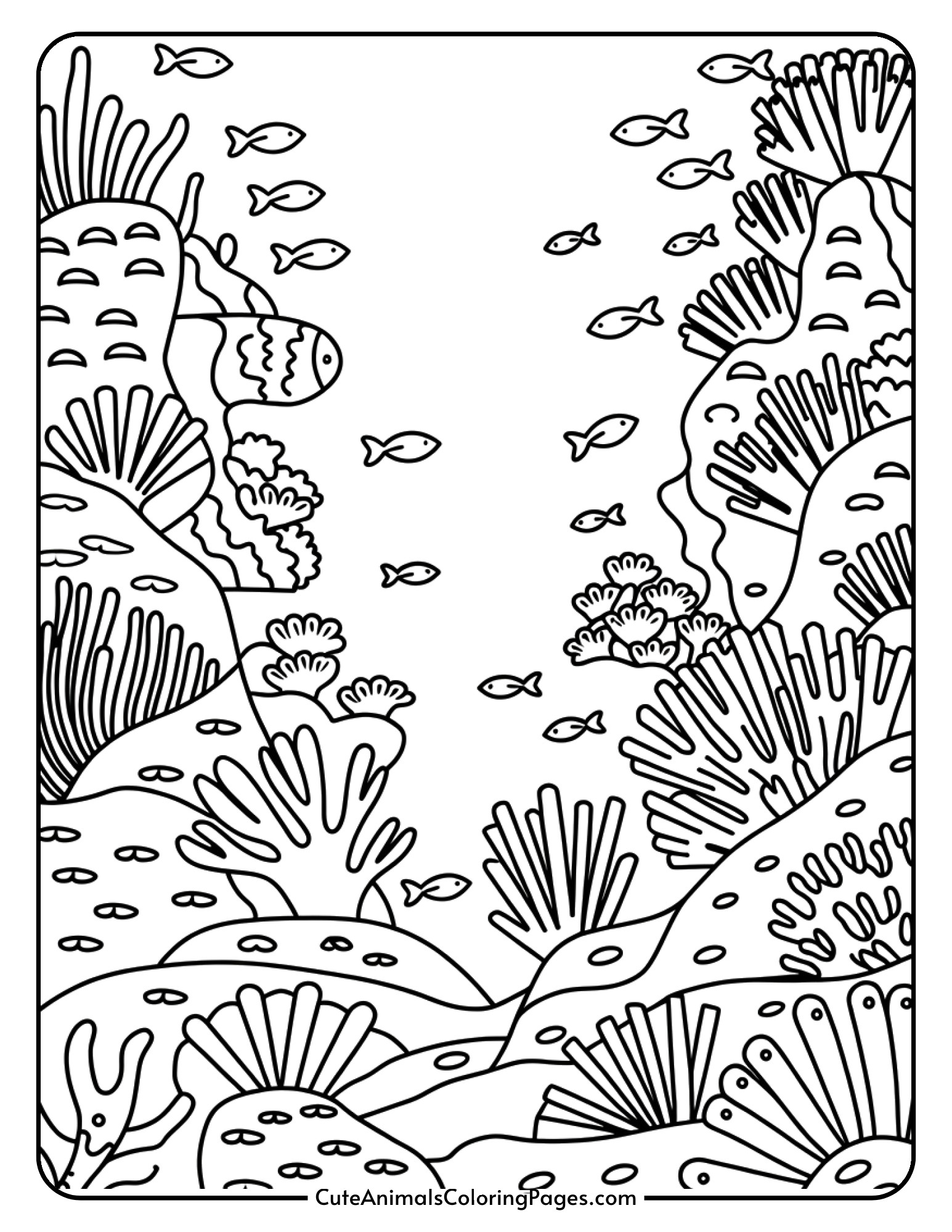 An underwater coral reef scene filled with different types of coral and swimming fish.