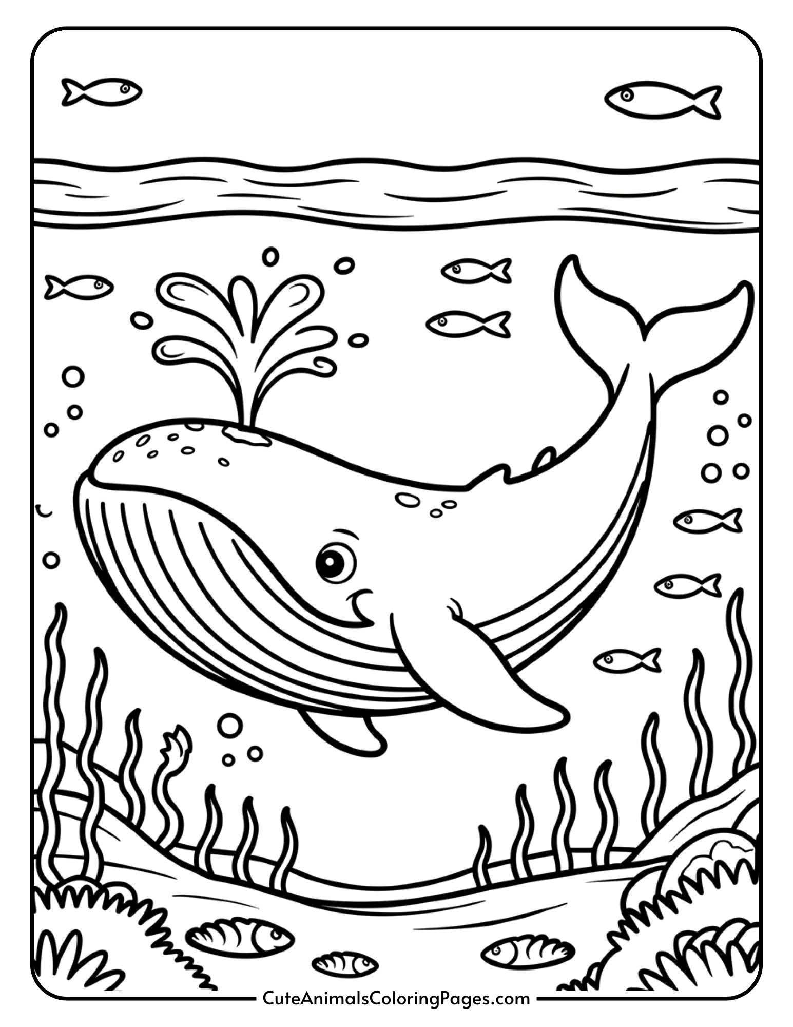 A large whale gliding through the ocean with a water spout and small fish swimming alongside.