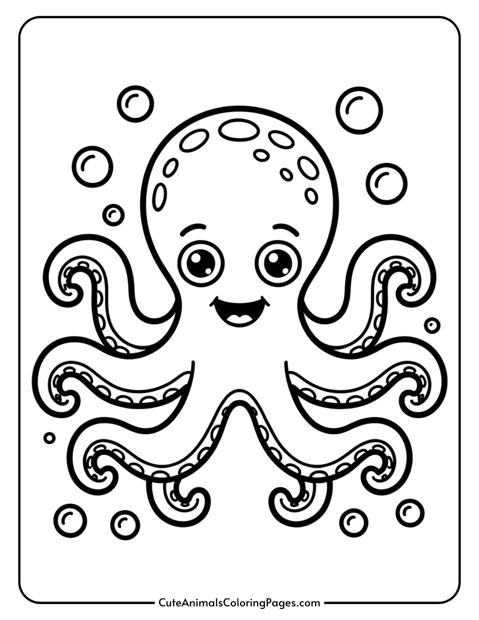 A smiling octopus with eight curly tentacles and bubbles floating around it.