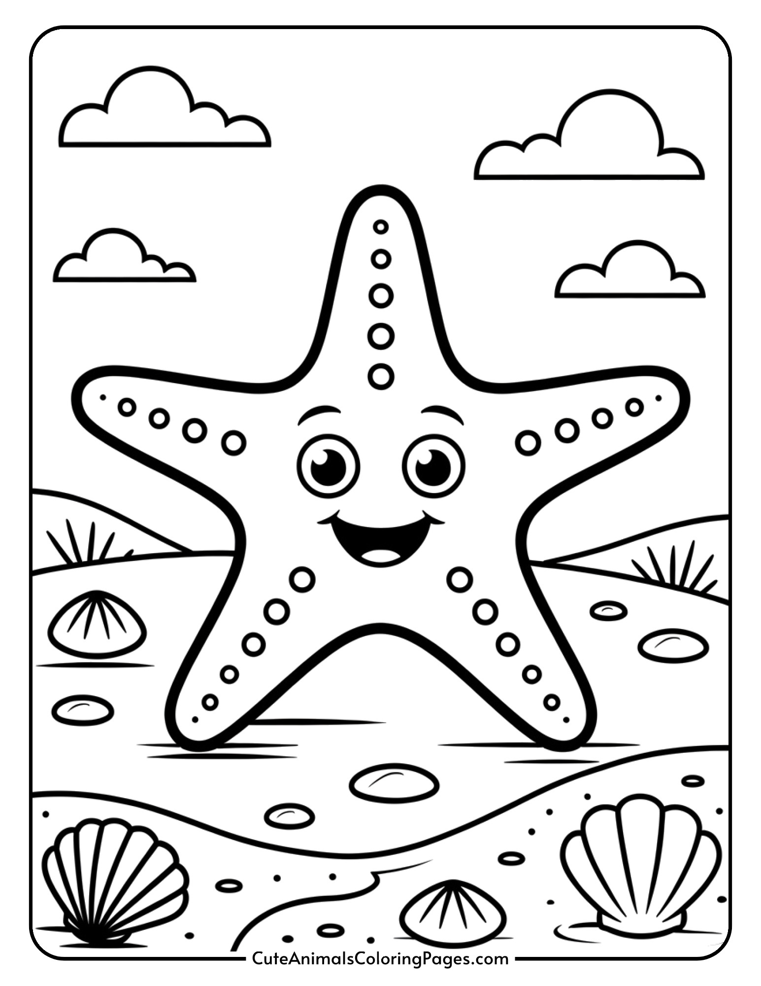 A cheerful starfish resting on the sandy ocean bottom surrounded by seashells.