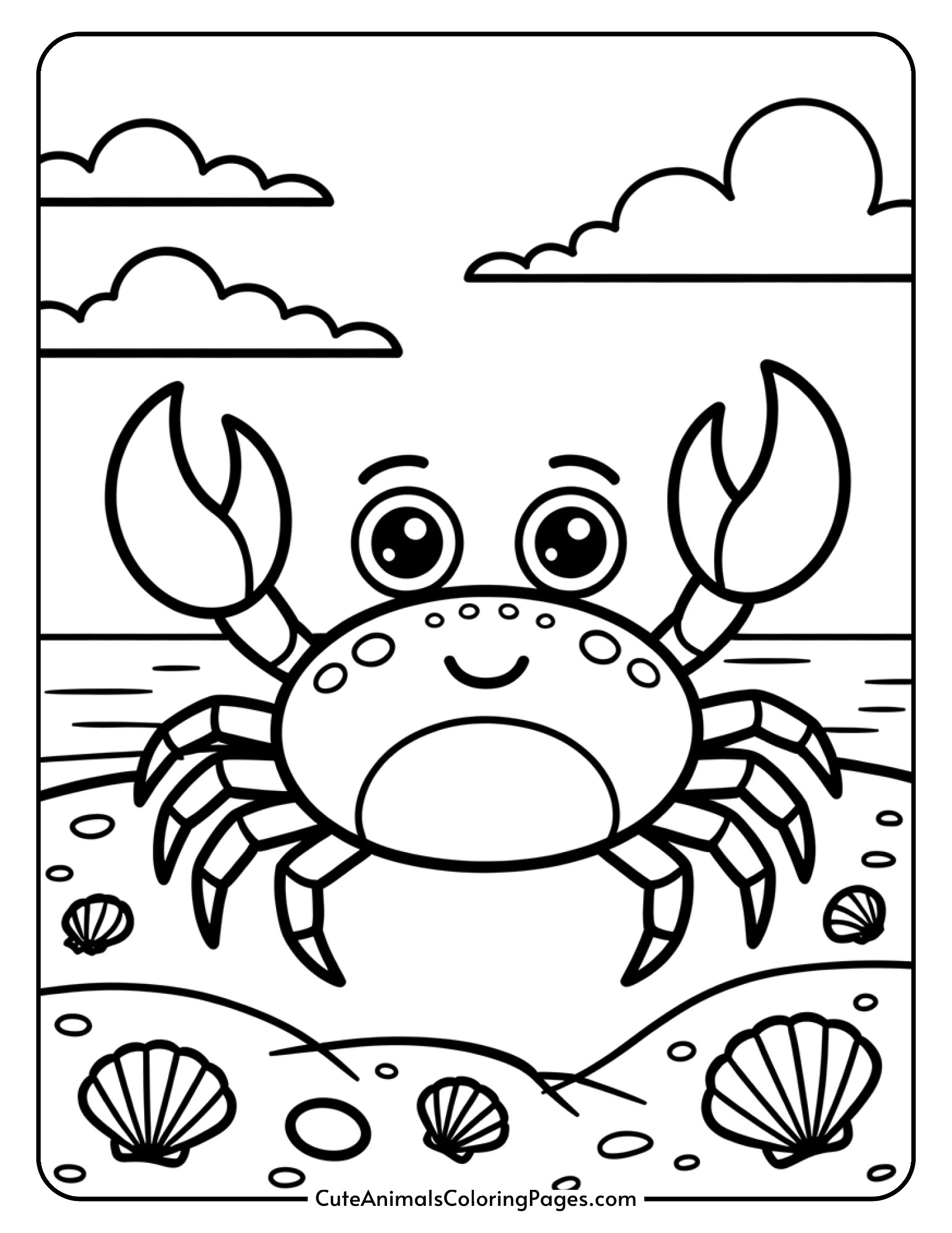 A happy crab with large claws sitting on the beach next to seashells.