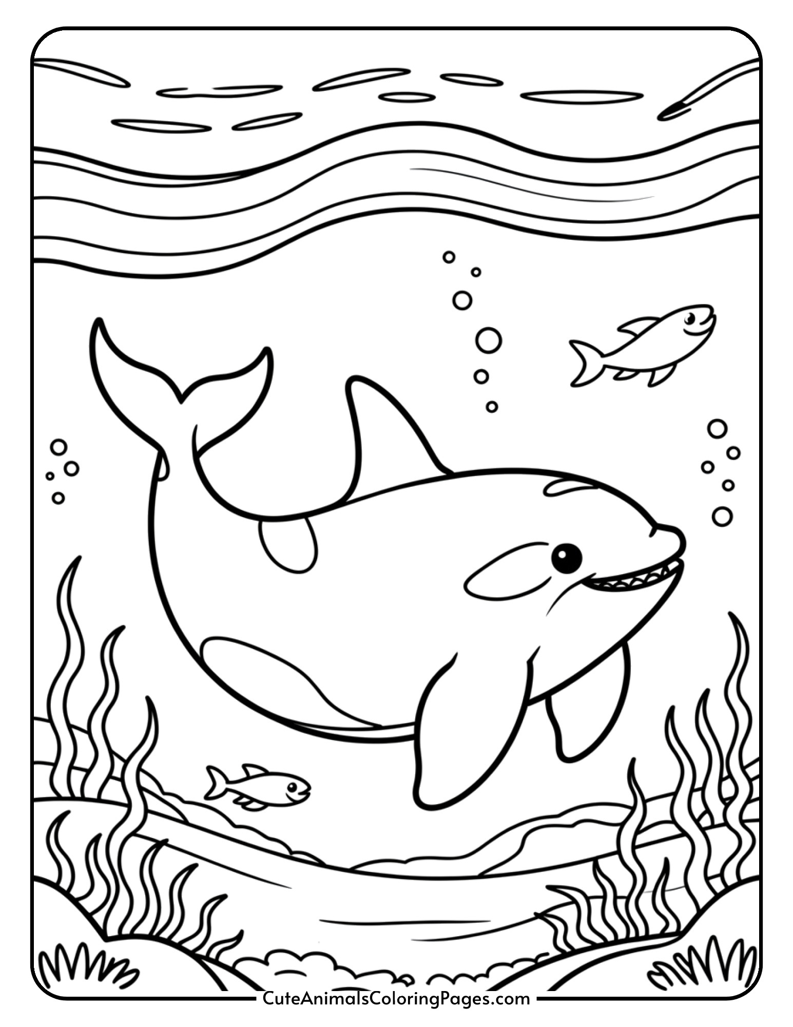 A friendly orca whale swimming through the ocean with small fish around it.