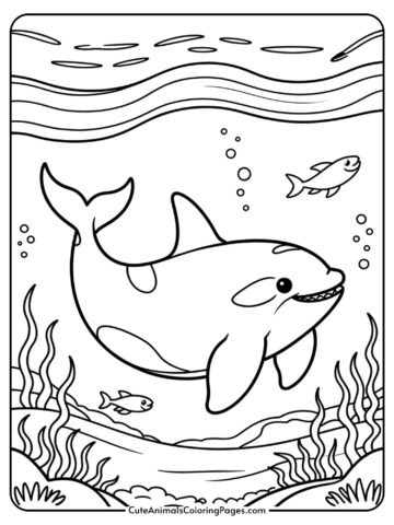 A friendly orca whale swimming through the ocean with small fish around it.