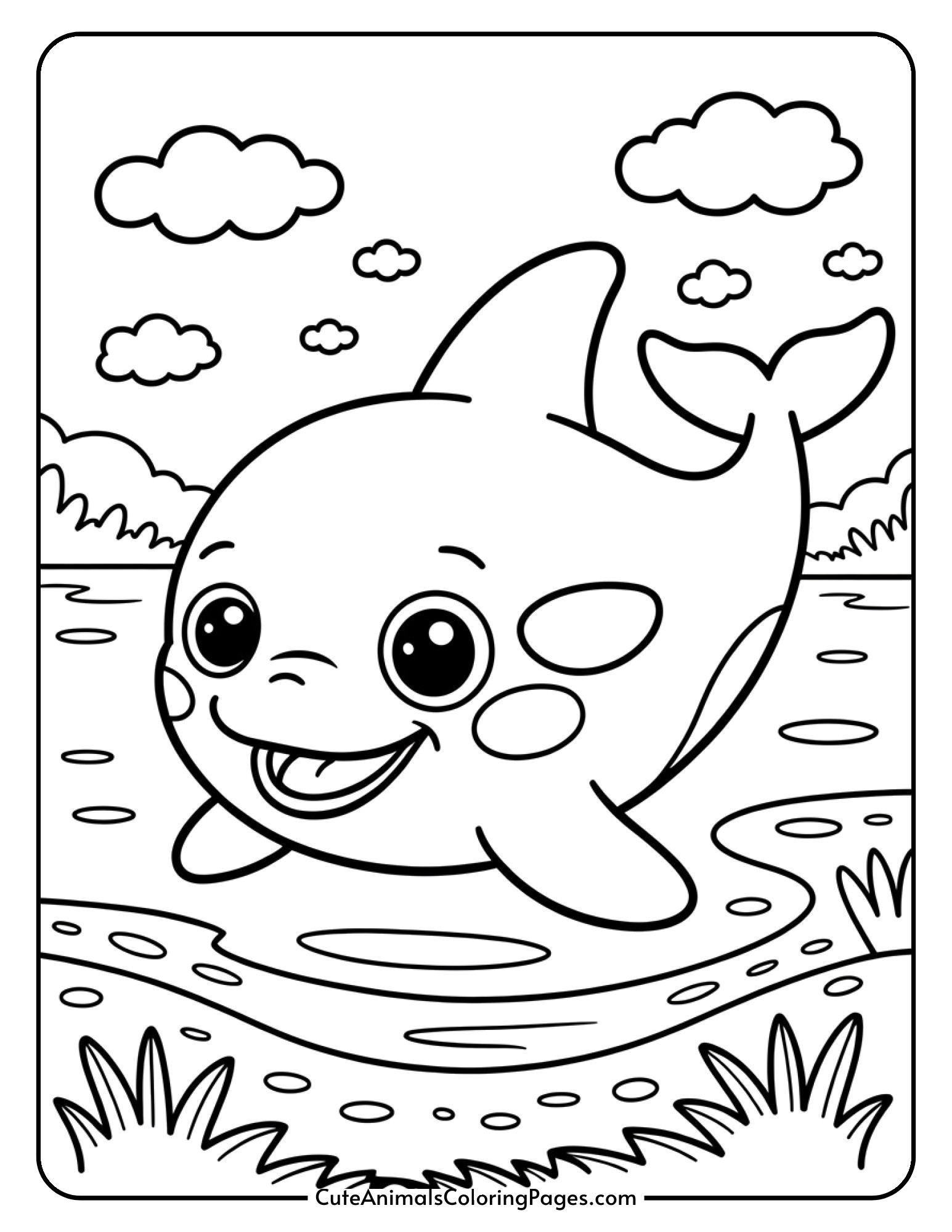 A cute cartoon orca whale with large friendly eyes and a happy smile.