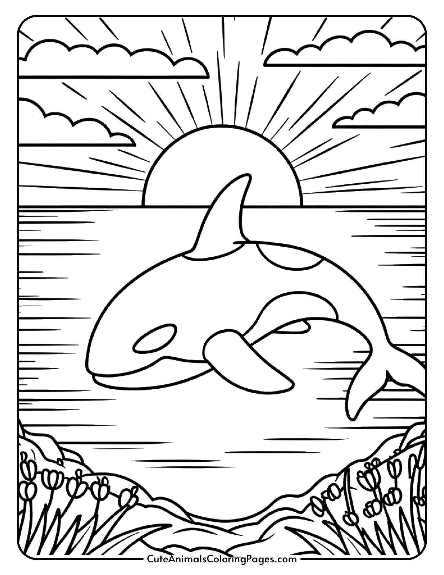 An orca whale swimming during sunset with the sun and clouds in the background.