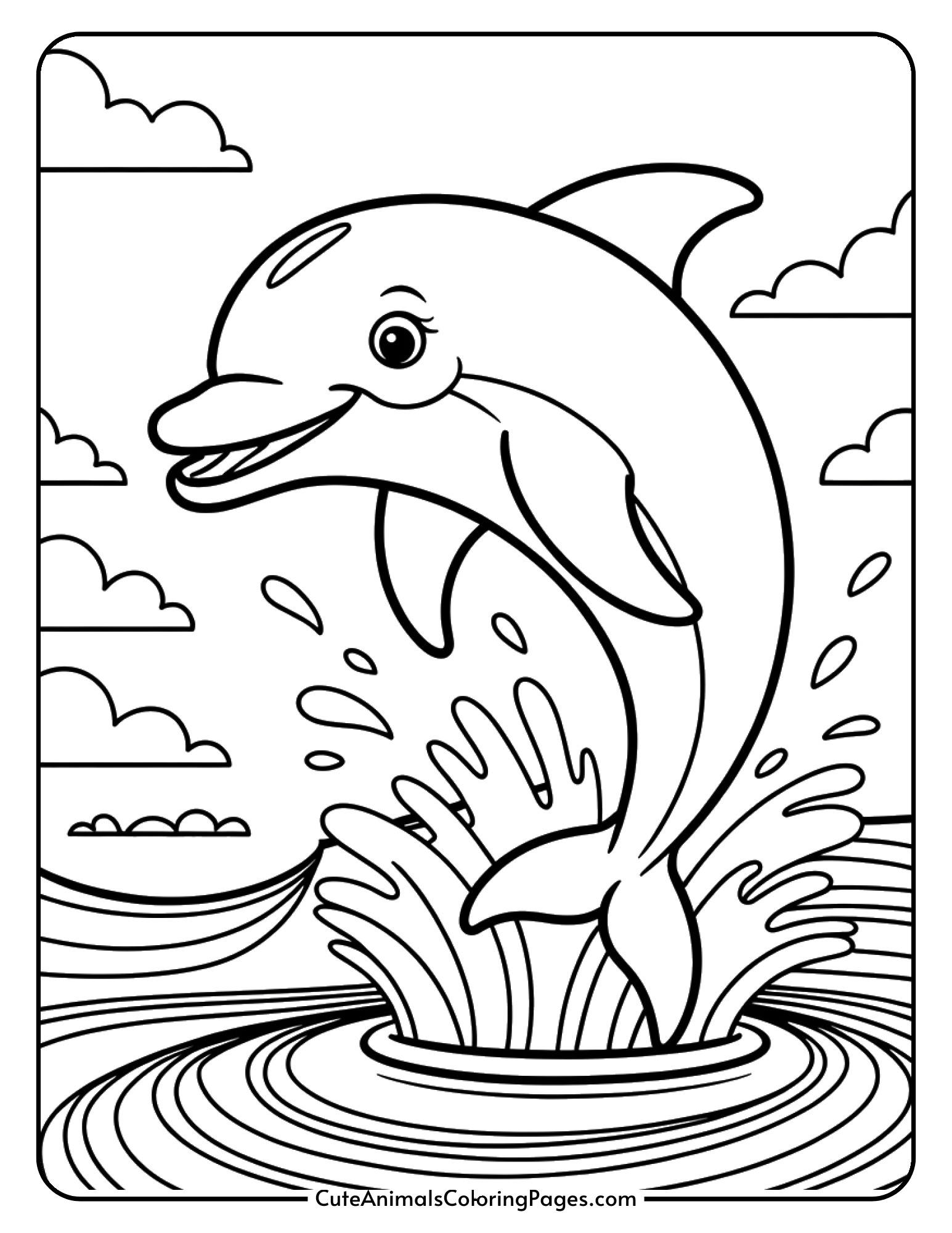 A cheerful dolphin leaping above ocean waves with water splashing around it.