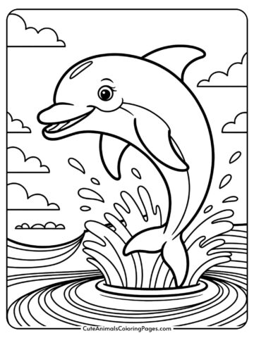 A cheerful dolphin leaping above ocean waves with water splashing around it.