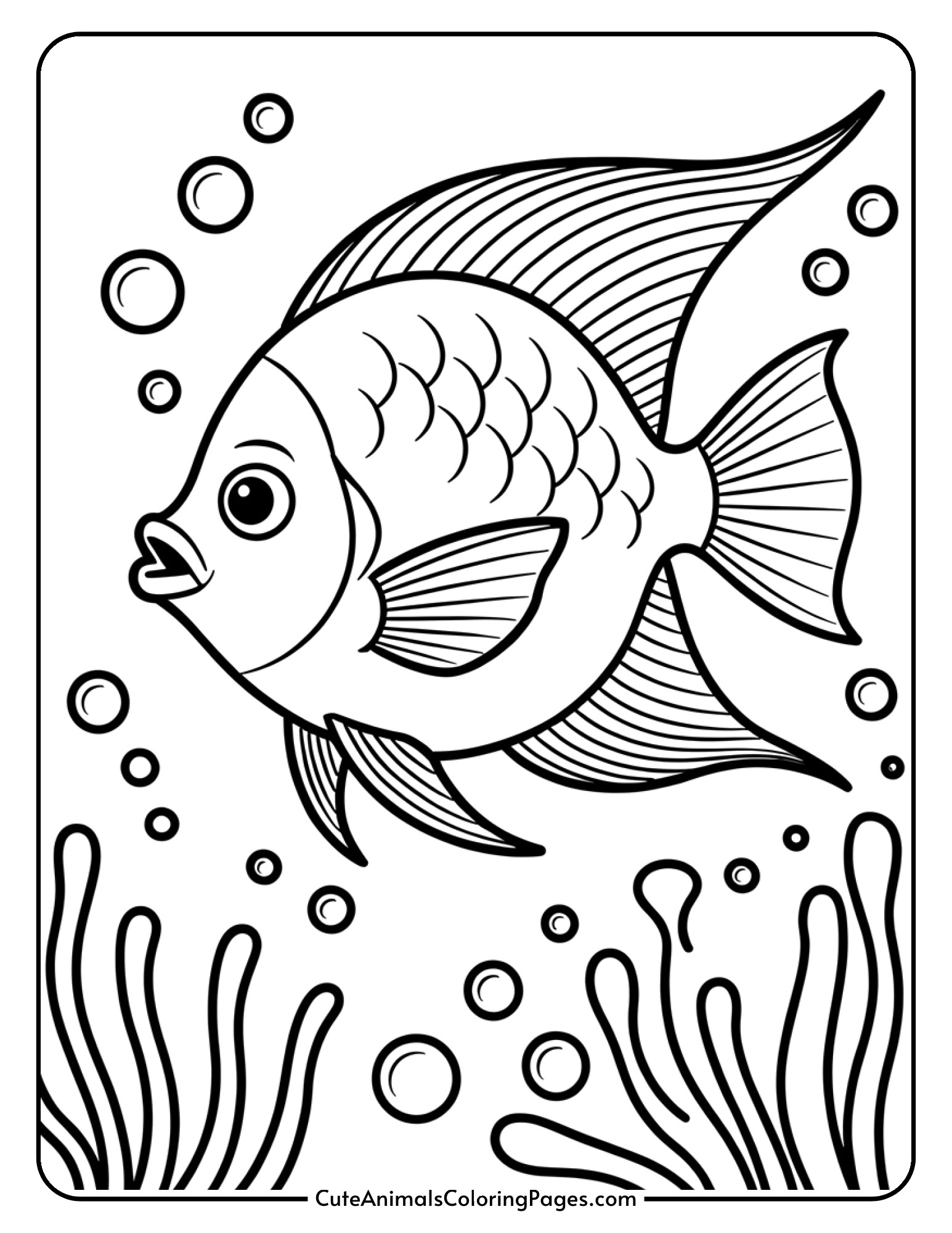 A tropical fish with flowing fins and detailed scales surrounded by bubbles.