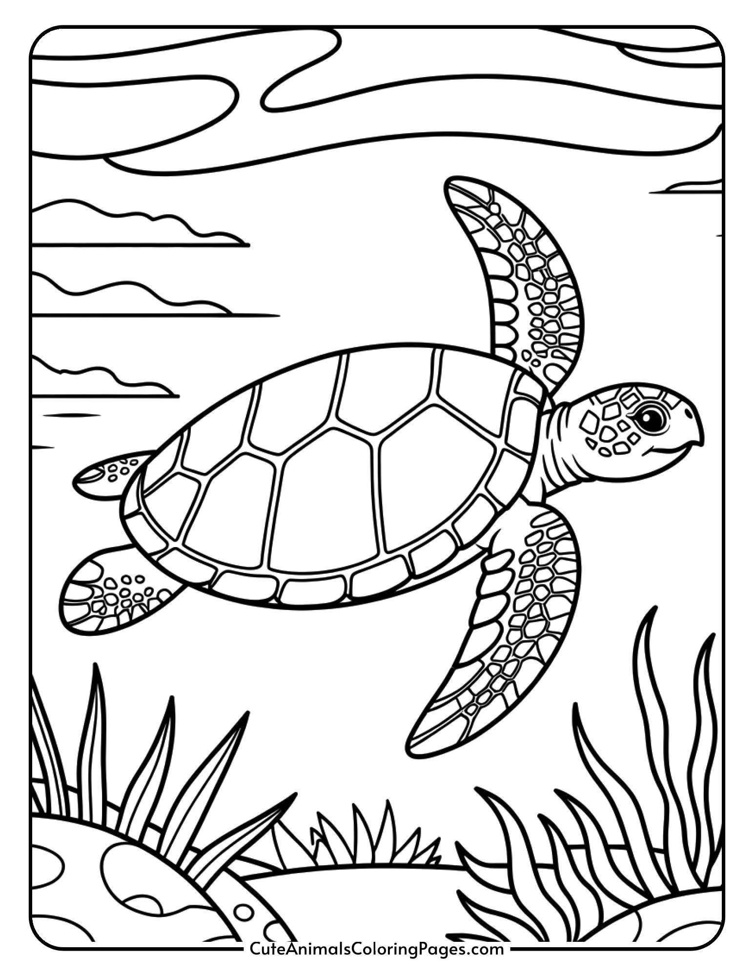 A sea turtle with a patterned shell and flippers gliding through the water.