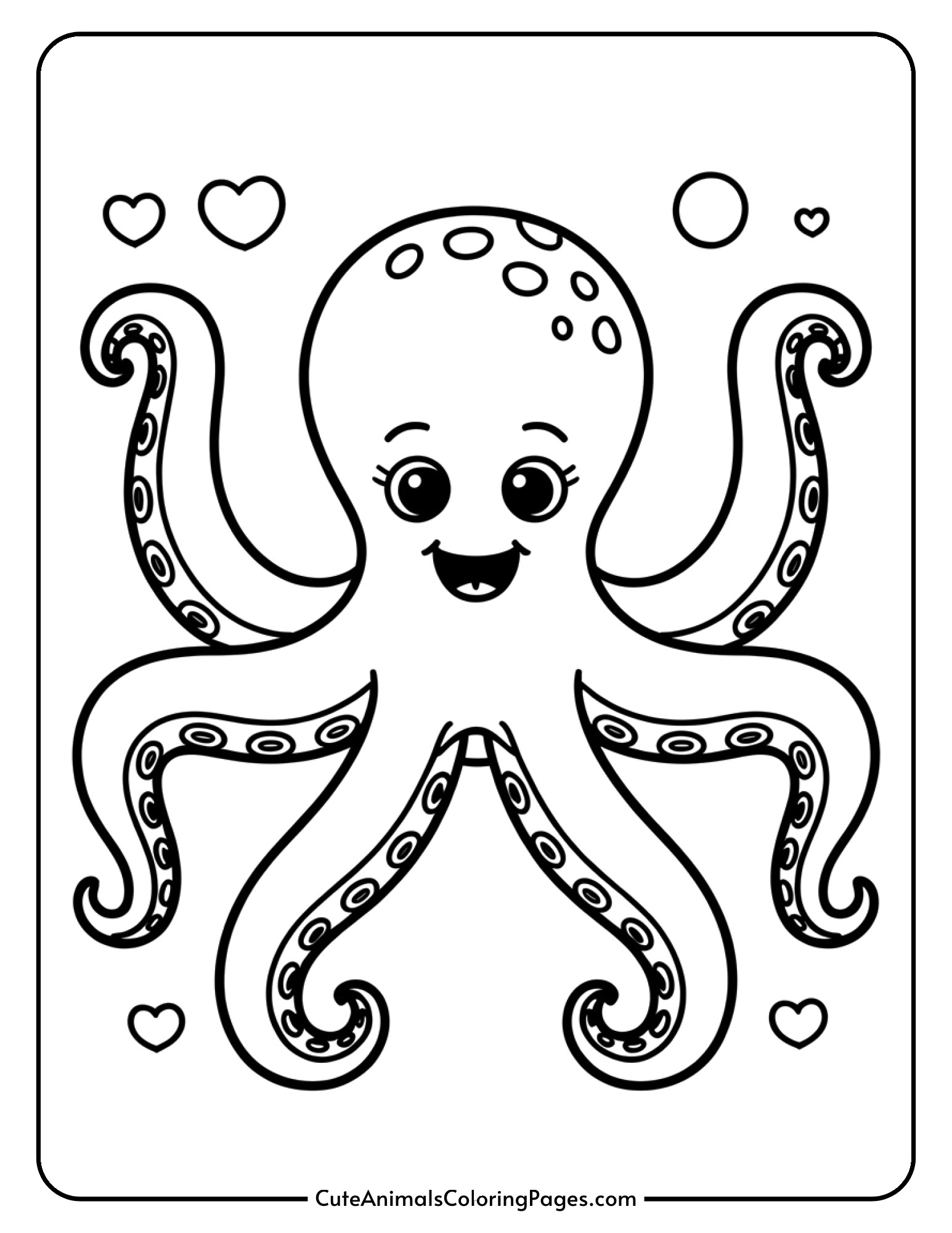 A cheerful octopus with eight curly tentacles covered in suction cups.