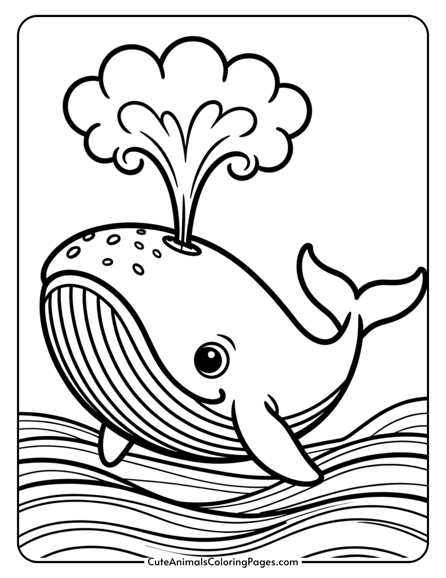 A large whale spraying water from its blowhole while swimming through ocean waves.