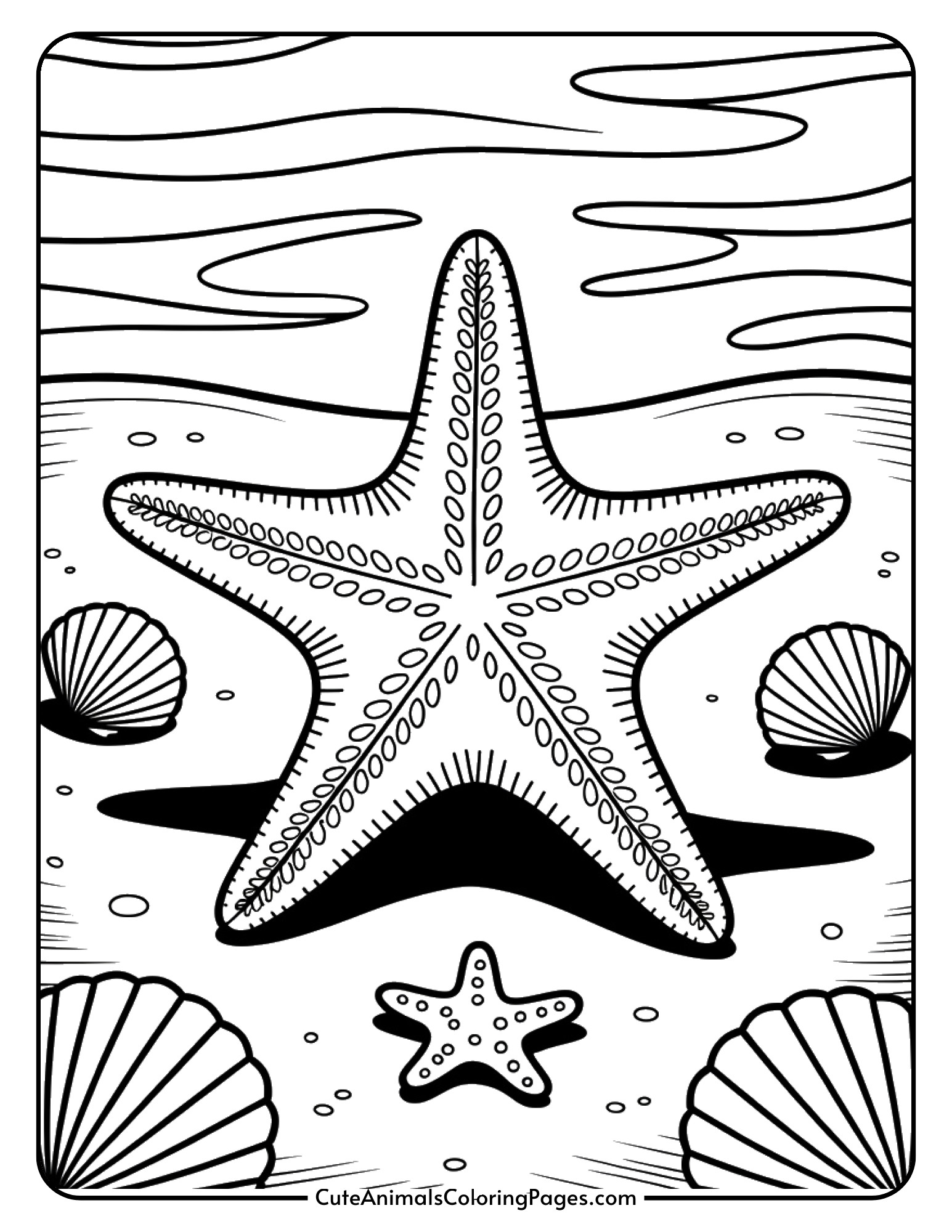 A starfish with a bumpy texture resting on the sandy ocean floor near seashells.