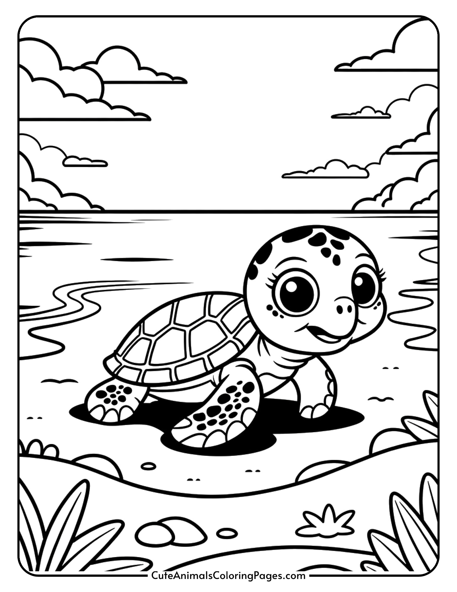 An adorable baby sea turtle with large eyes making its way across the sand.