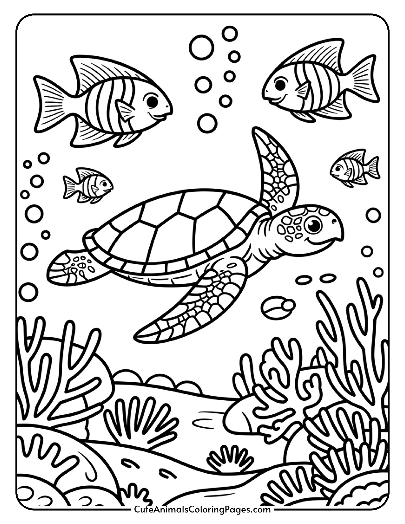 A sea turtle gliding through the water surrounded by small fish and coral.
